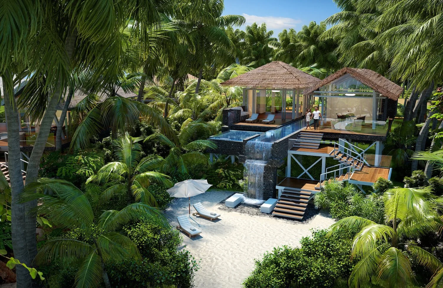 Villa in palm trees with a pool and waterfall - computer rendering