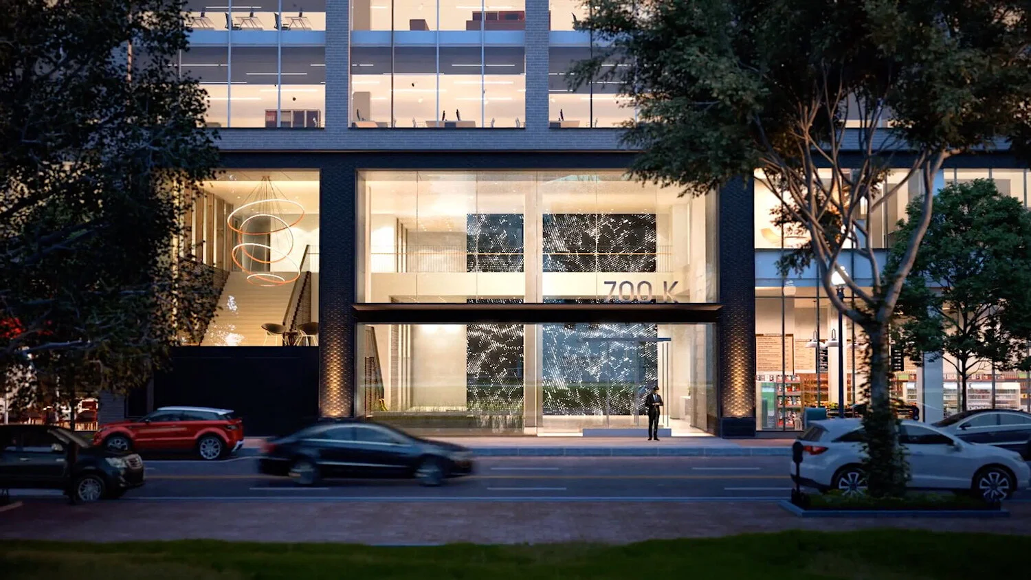 Office lobby at night (exterior view) – 3D rendering