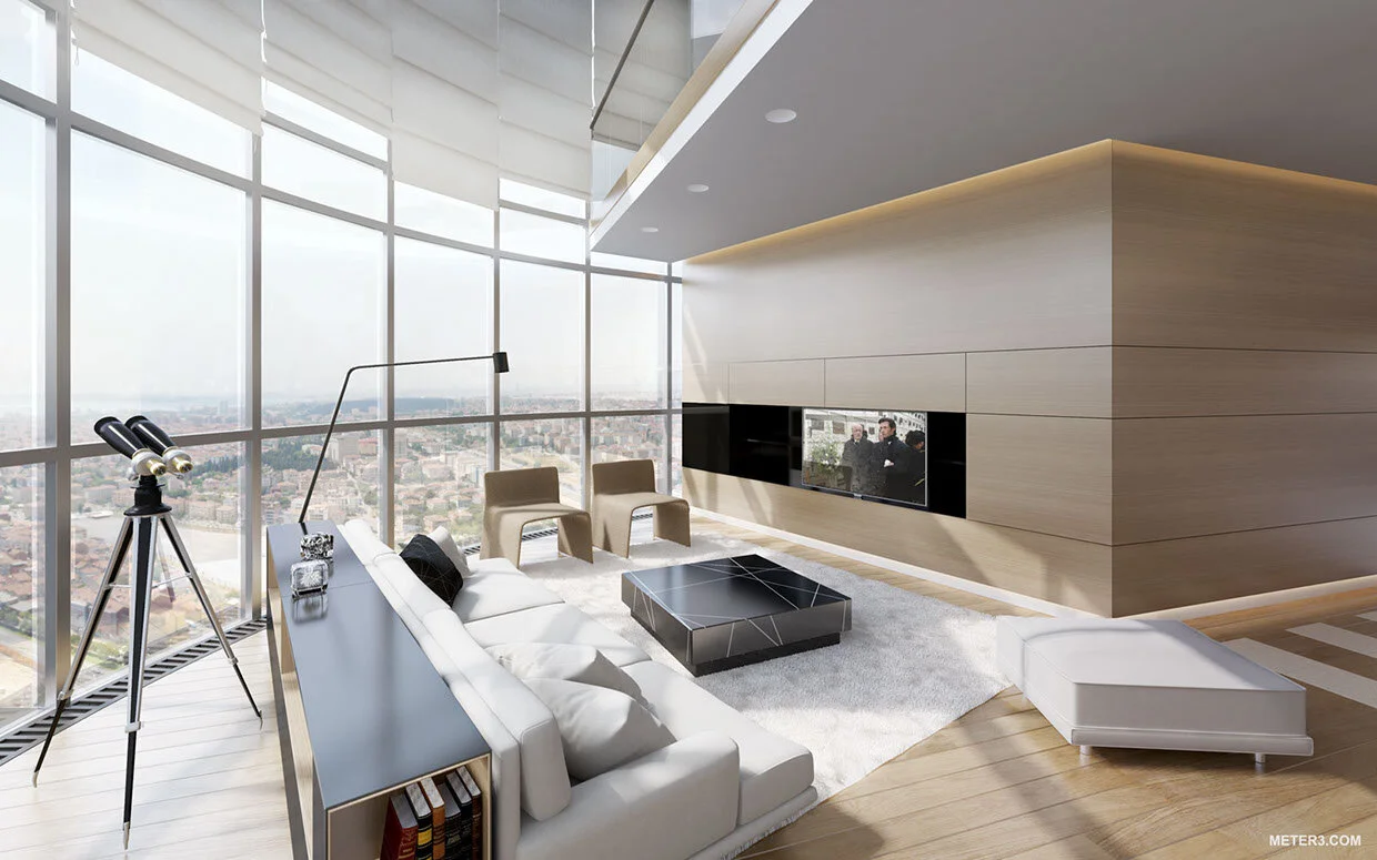 Modern living room 3D visualization with panoramic view