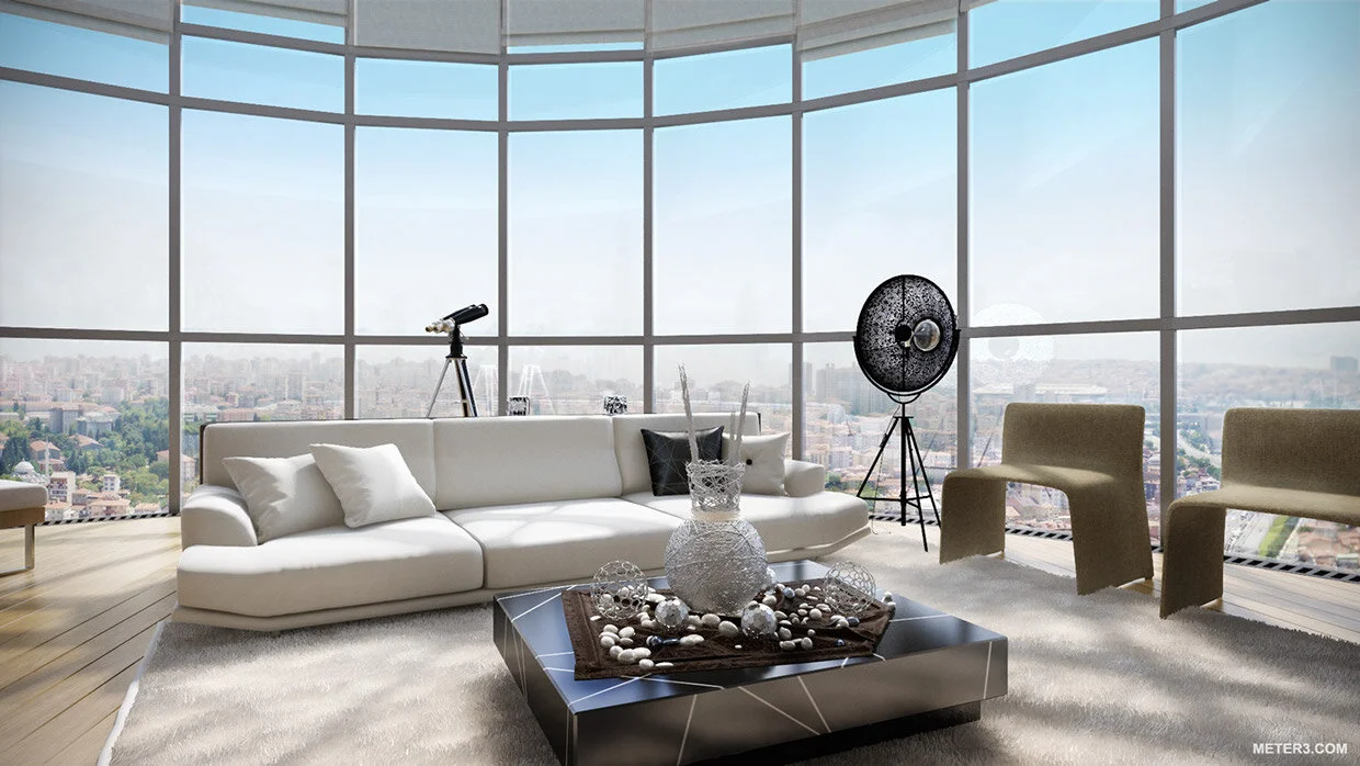 Living room 3D visualization with panoramic view