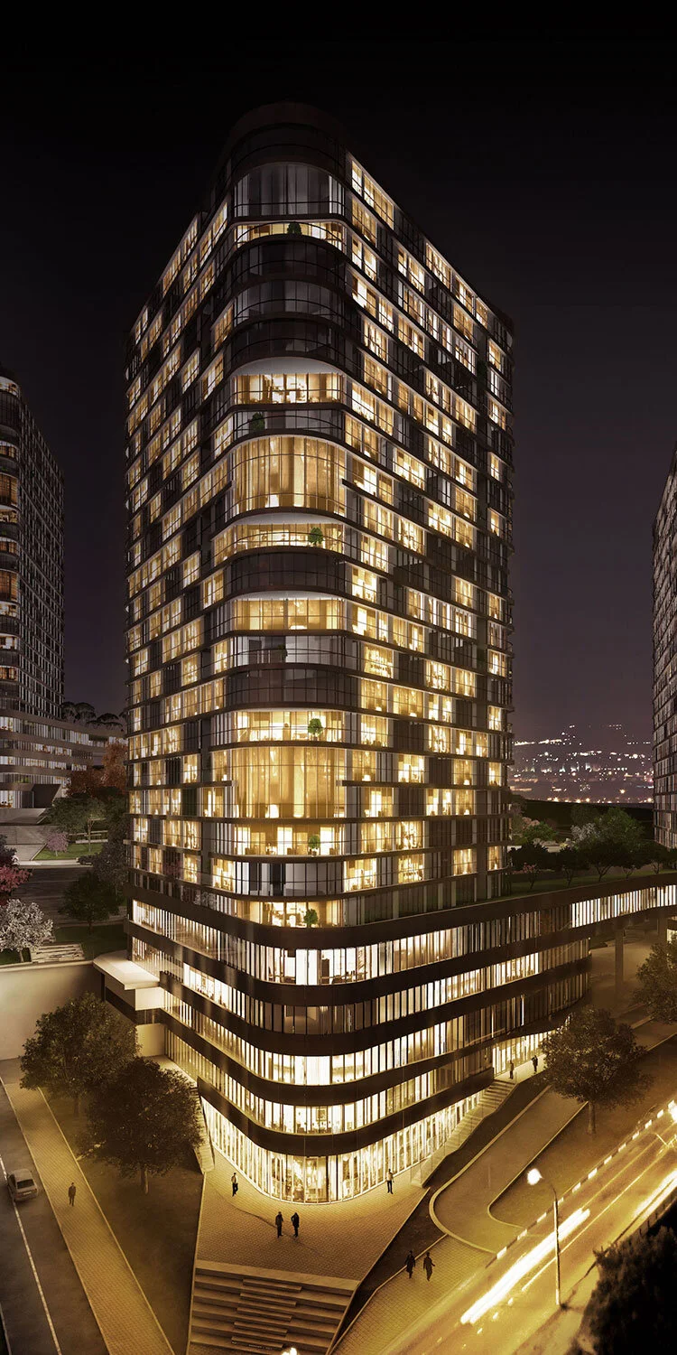 Residential tower 3D rendering at night