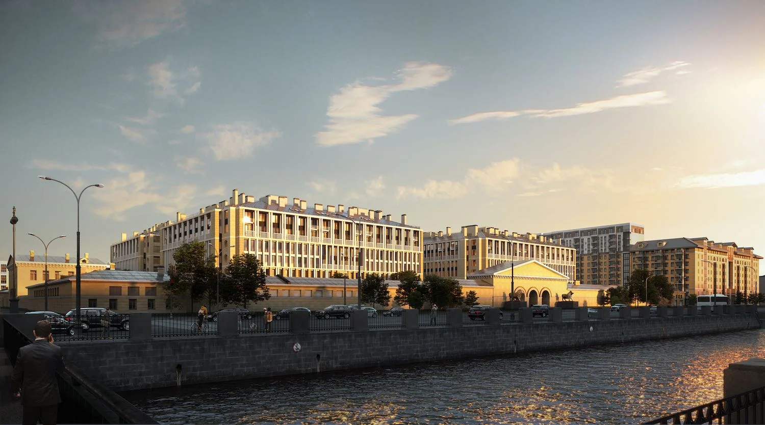 3D rendering of a residential project at sunrise over water canal