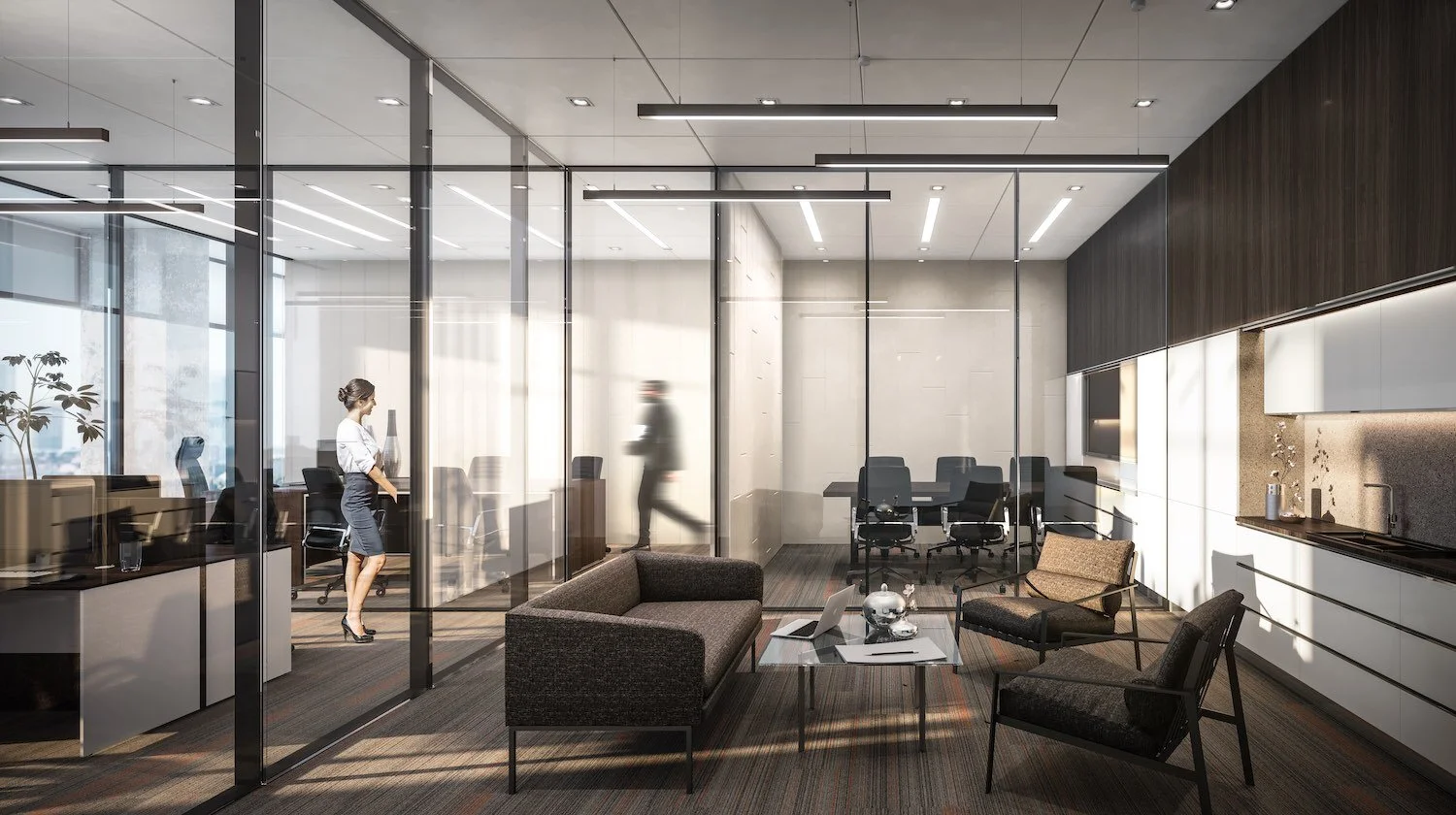 Office interior 3D rendering with glass walls