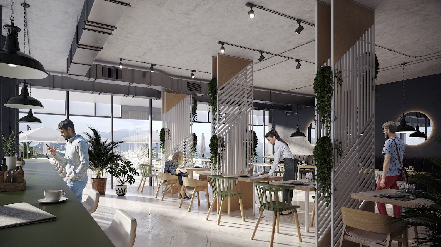 Office cafe interior 3D visualization with panoramic view
