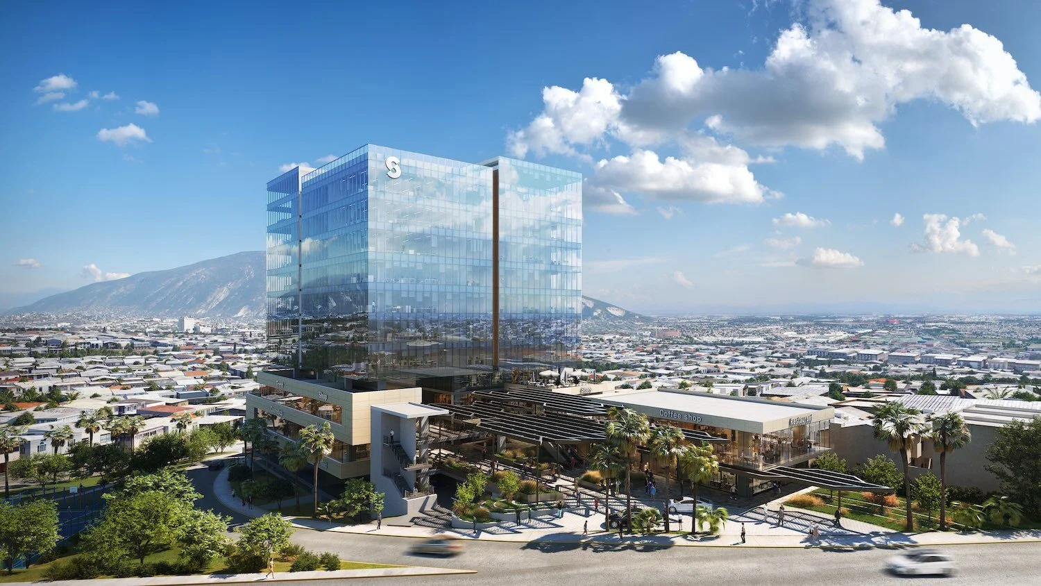 Aerial architectural rendering of office building with cityscape