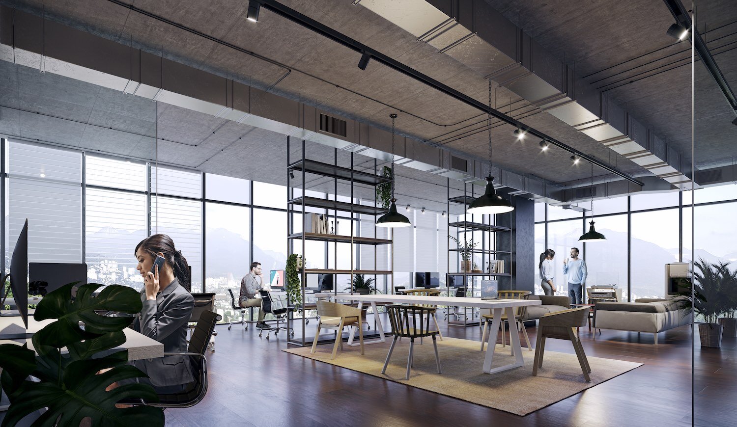 Stylish office interior 3D visualization with panoramic view