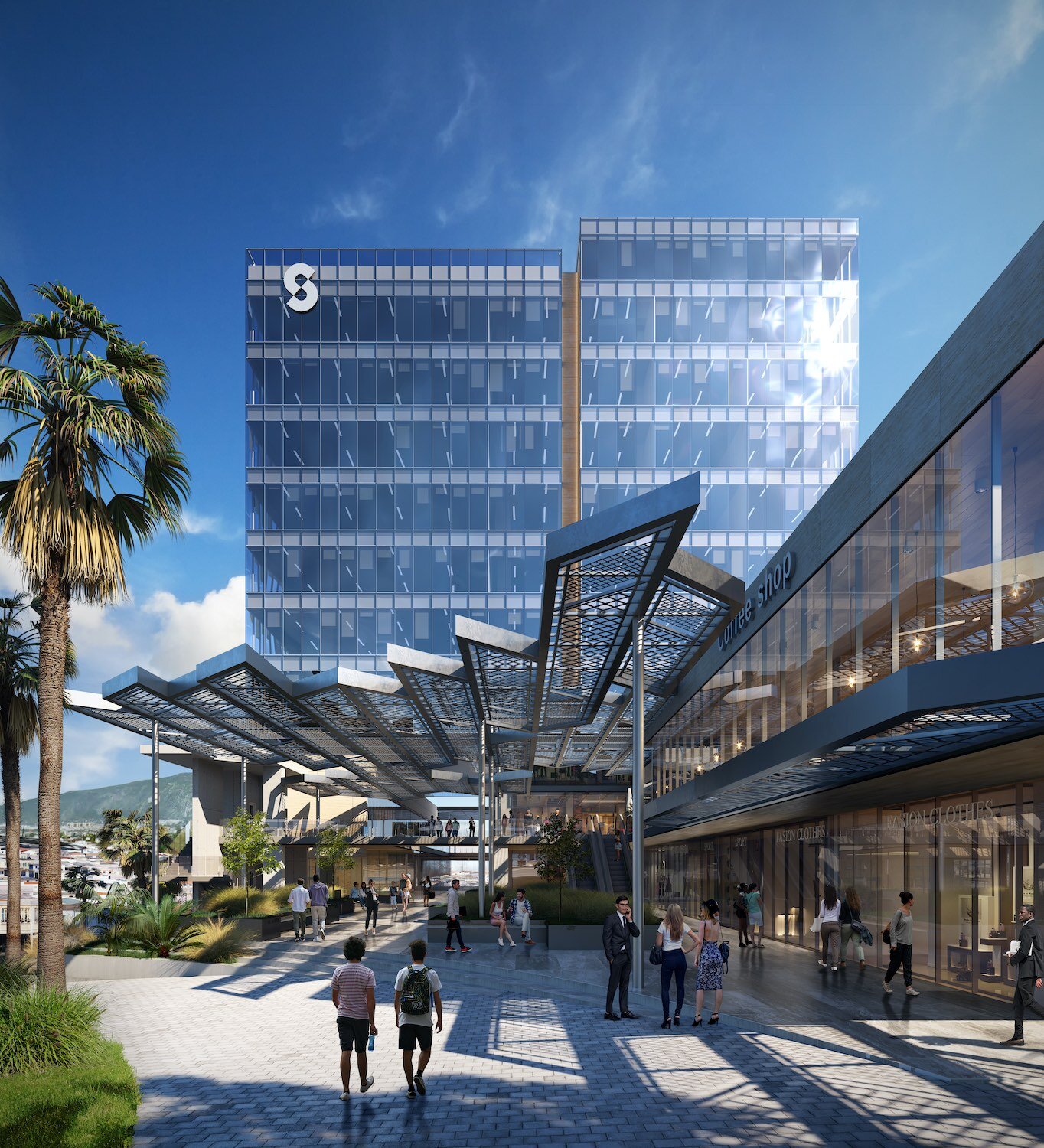 Business center entrance 3D visualization with retail area