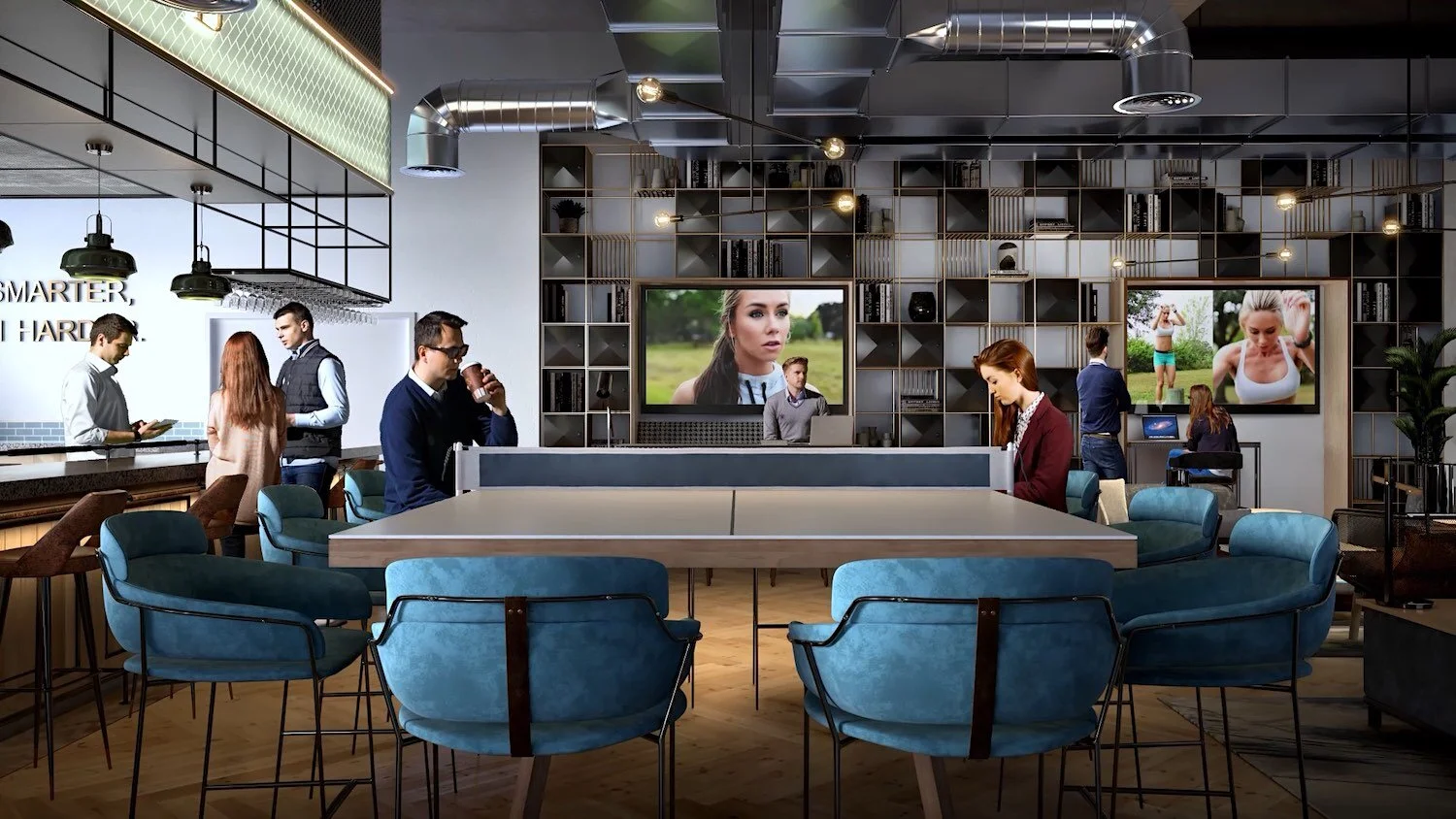 Sport bard 3D rendering with tennis table and TV screens