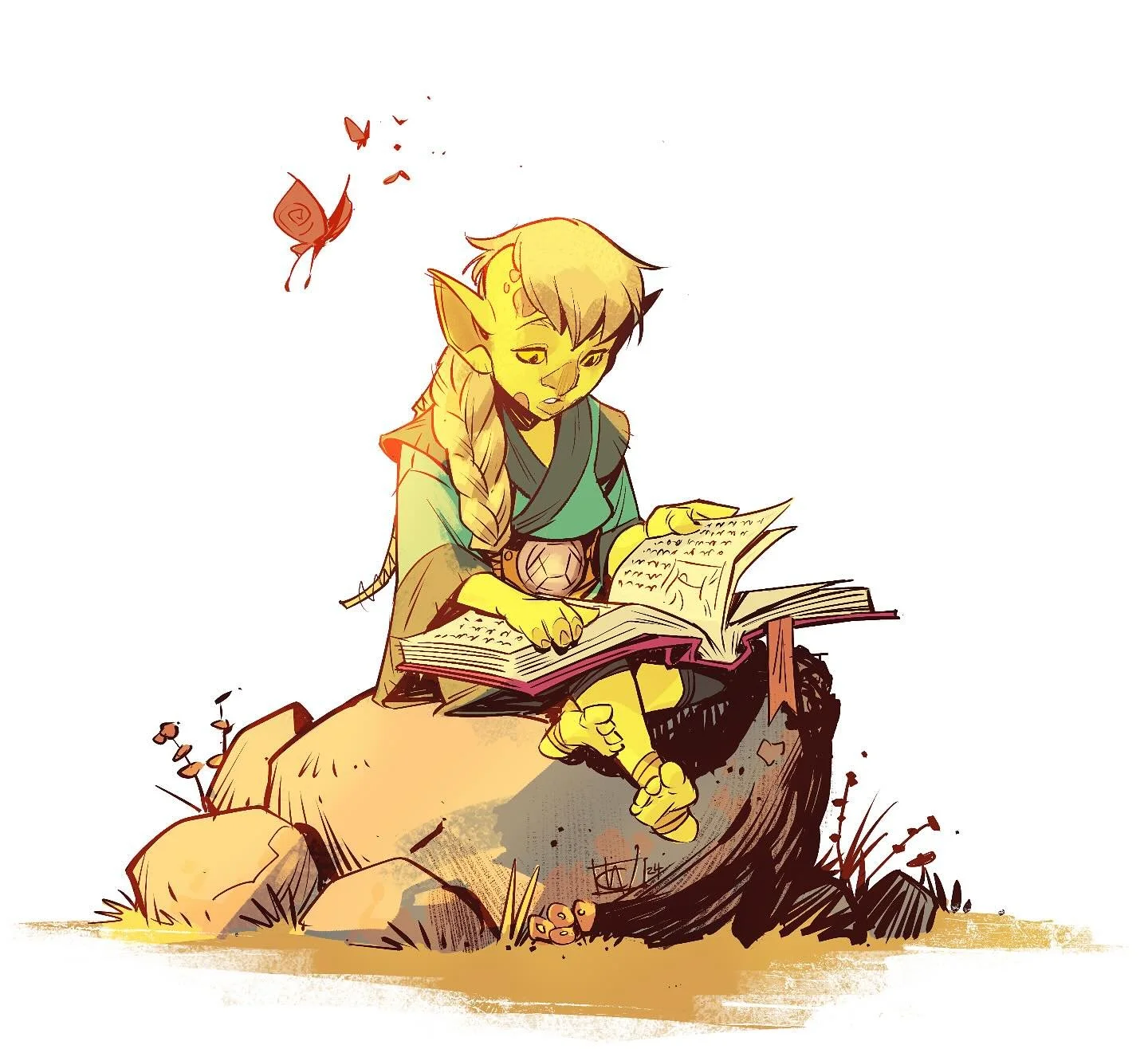 I drew this last year for world book day. Our little Faran tucked away reading a big ol&rsquo; tome. Probably an orc-ish fairy tale or a fable of an old elvish heroine.
One of my favourite things I drew last year on a whim.
Merry world book day out t
