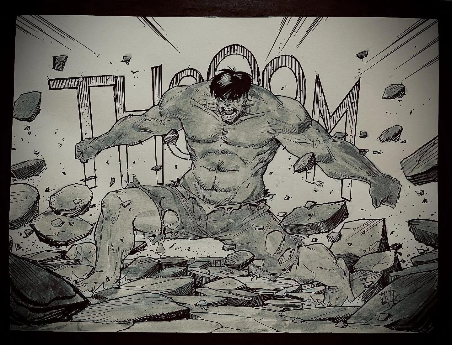 A pretty banging first day of MCM Comic con London. Damn near sold out of books, which is always a heart warmer. Bring on Saturday. 
.
This was a pre show commission Hulk that the owner had given me a great deal of patience for. Massive thanks Neil! 