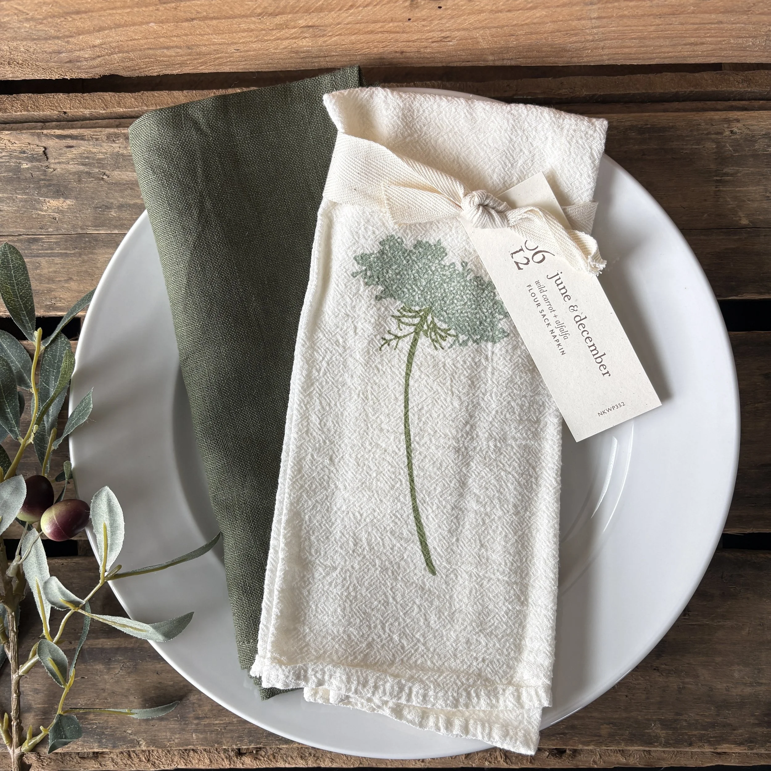 Wild Carrot Alfalfa Cotton Napkin with Olive Linen Napkin 2.JPG