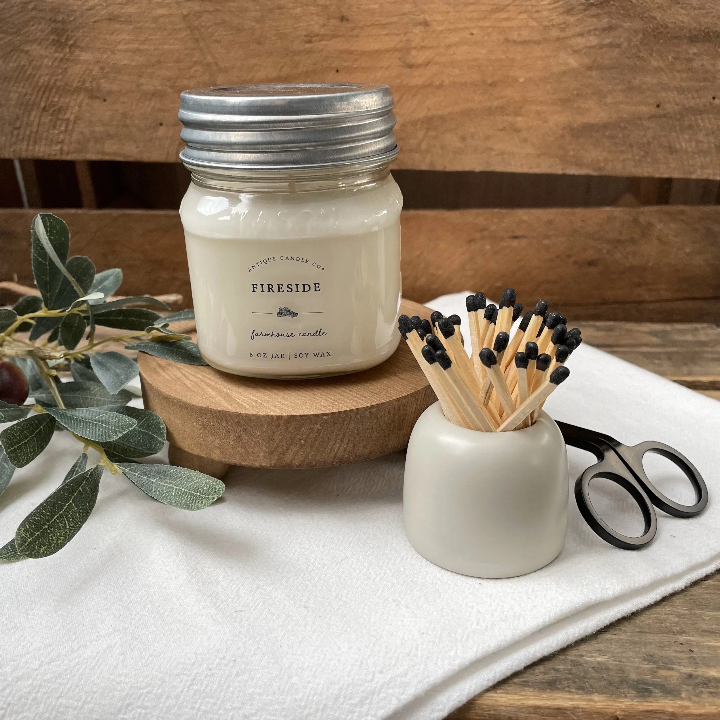 Antique Candle Mini Wooden Riser with Fireside Soy Candle, Boho Ceramic Match Holder, and Black Candle Wick Trimmer