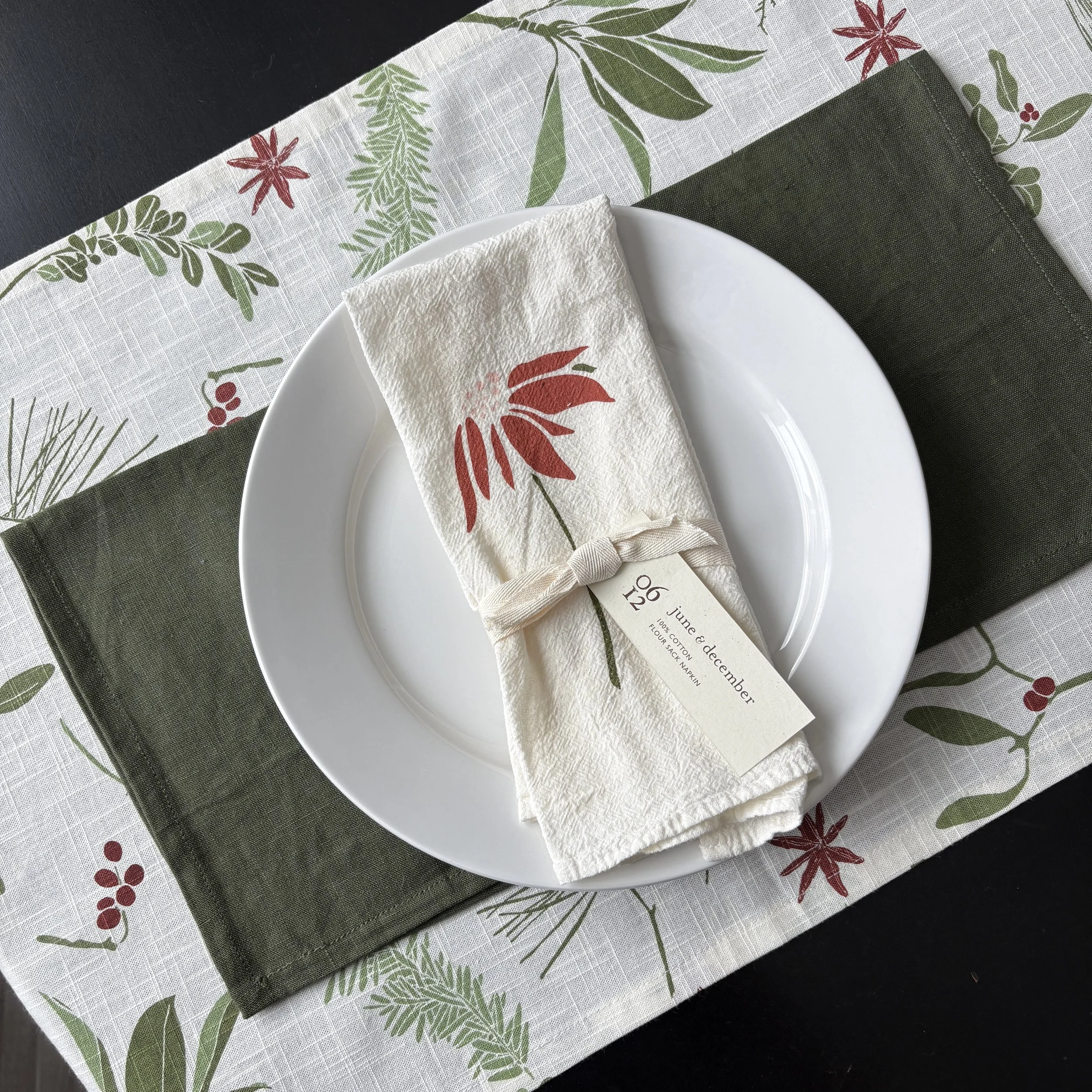June + December Boughs + Berries Organic Cotton Table Runner Setting