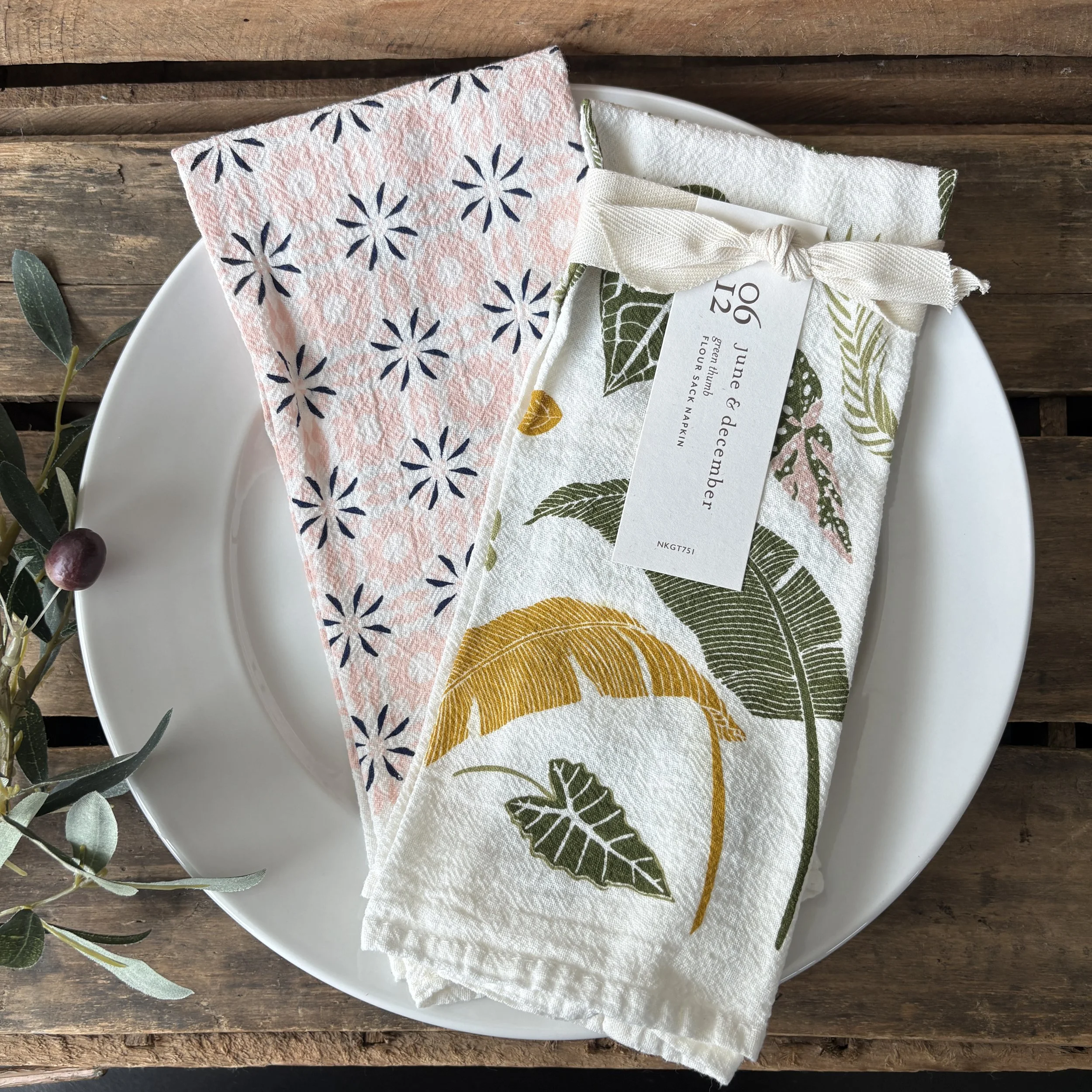 Green Thumb Cotton Napkin with Vintage Pink Woodblock Chicory Napkin.JPG