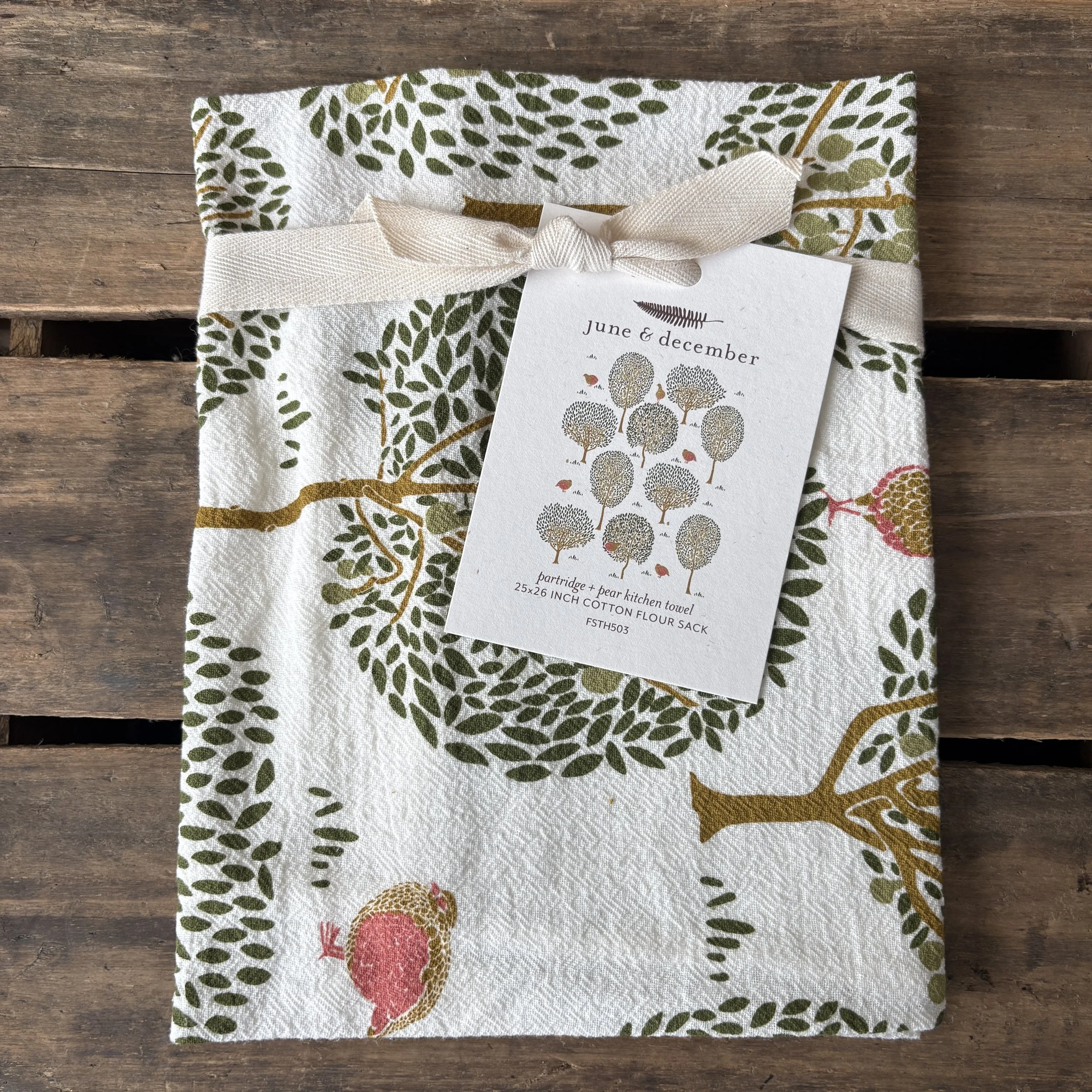 Partridge + Pear Cotton Tea Towel