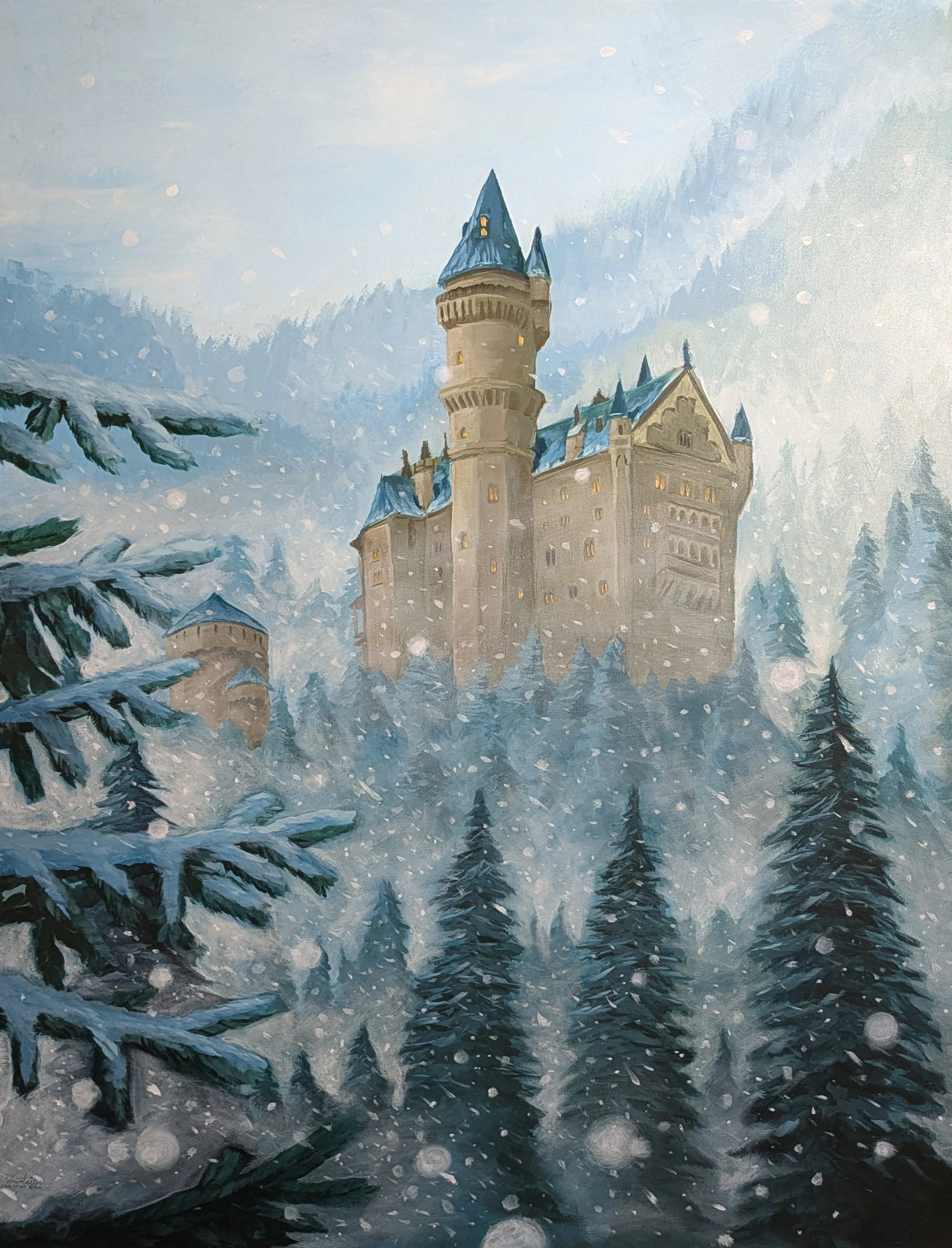 This photo is awful, but I really loved the Neuschwanstein Castle in Schwangau, Germany. I wanted to have a big painting of it in the living room, and I also missed the christmas tree when we took it down, so I tried to incorporate it into the compos