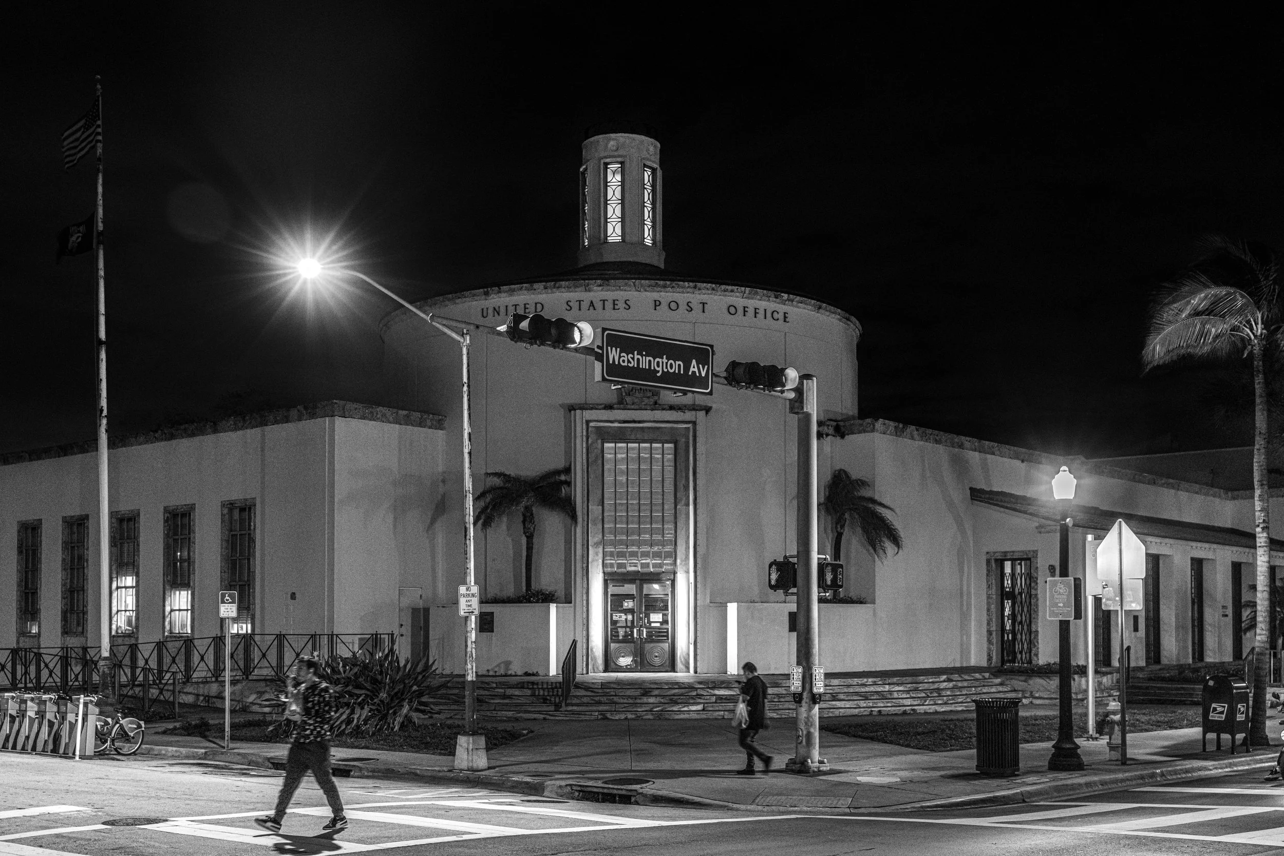Miami Beach, Post Office - Art Deco landmark glowing at night, streamlined curves echoing America’s modernist optimism.