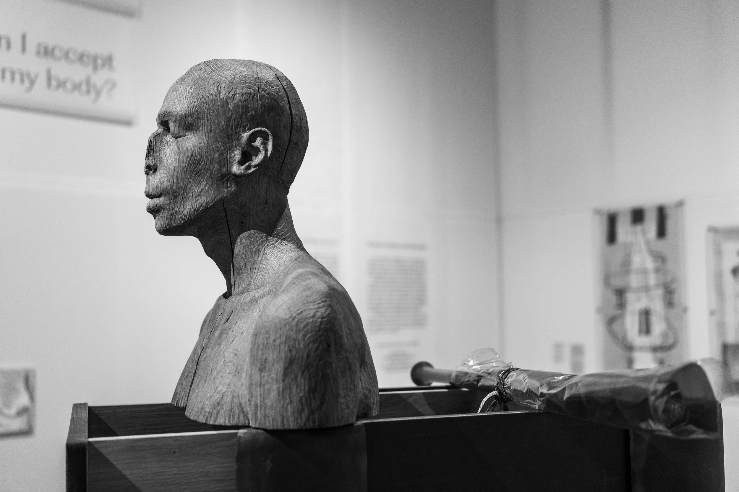 Vilnius, MO Museum - Wooden visage eroded, a stark reminder of identity, fragility, and human memory.