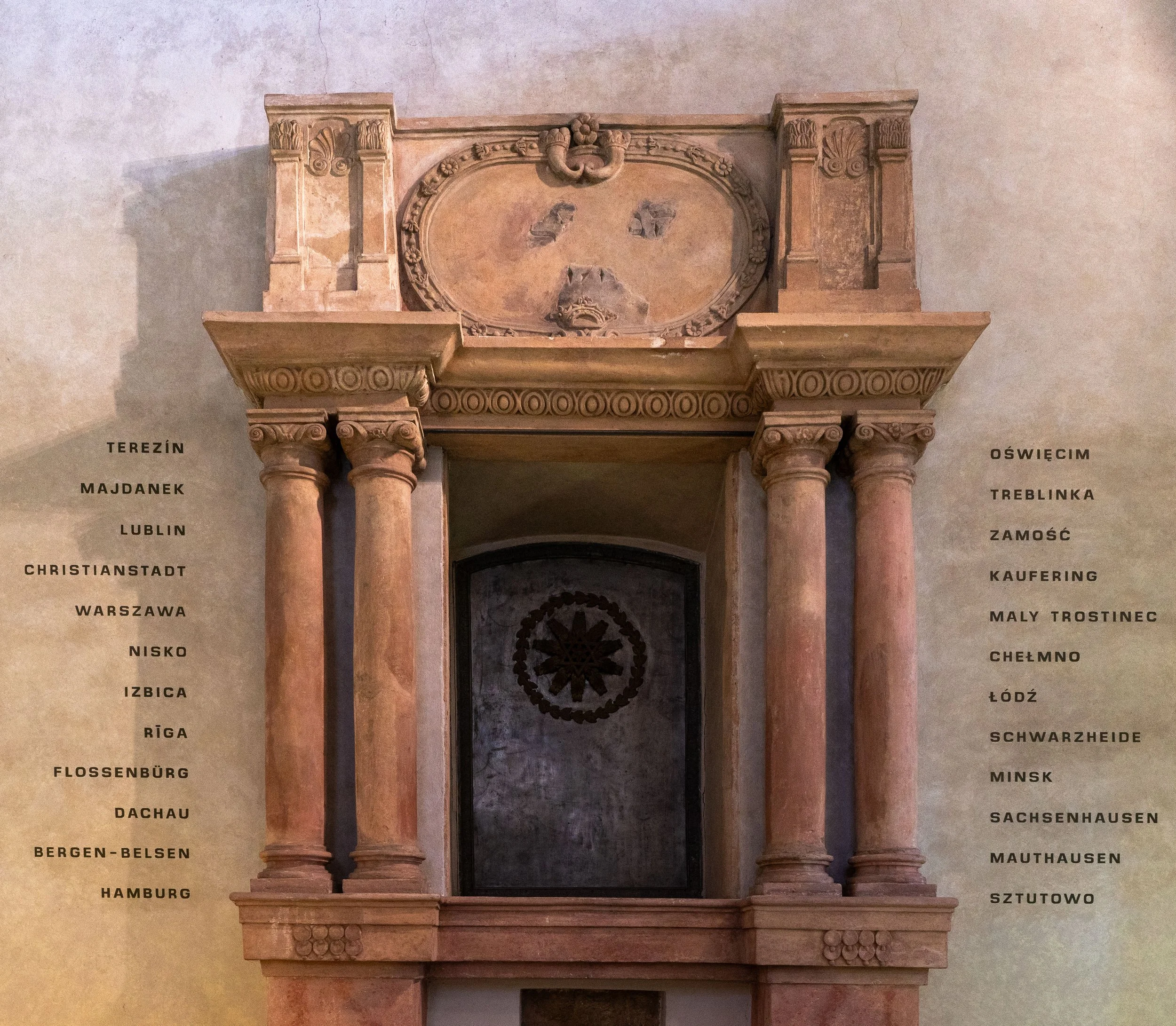 Prague – Memorial wall inside the Pinkas Synagogue, bearing the names of extermination camps where countless lives were destroyed.