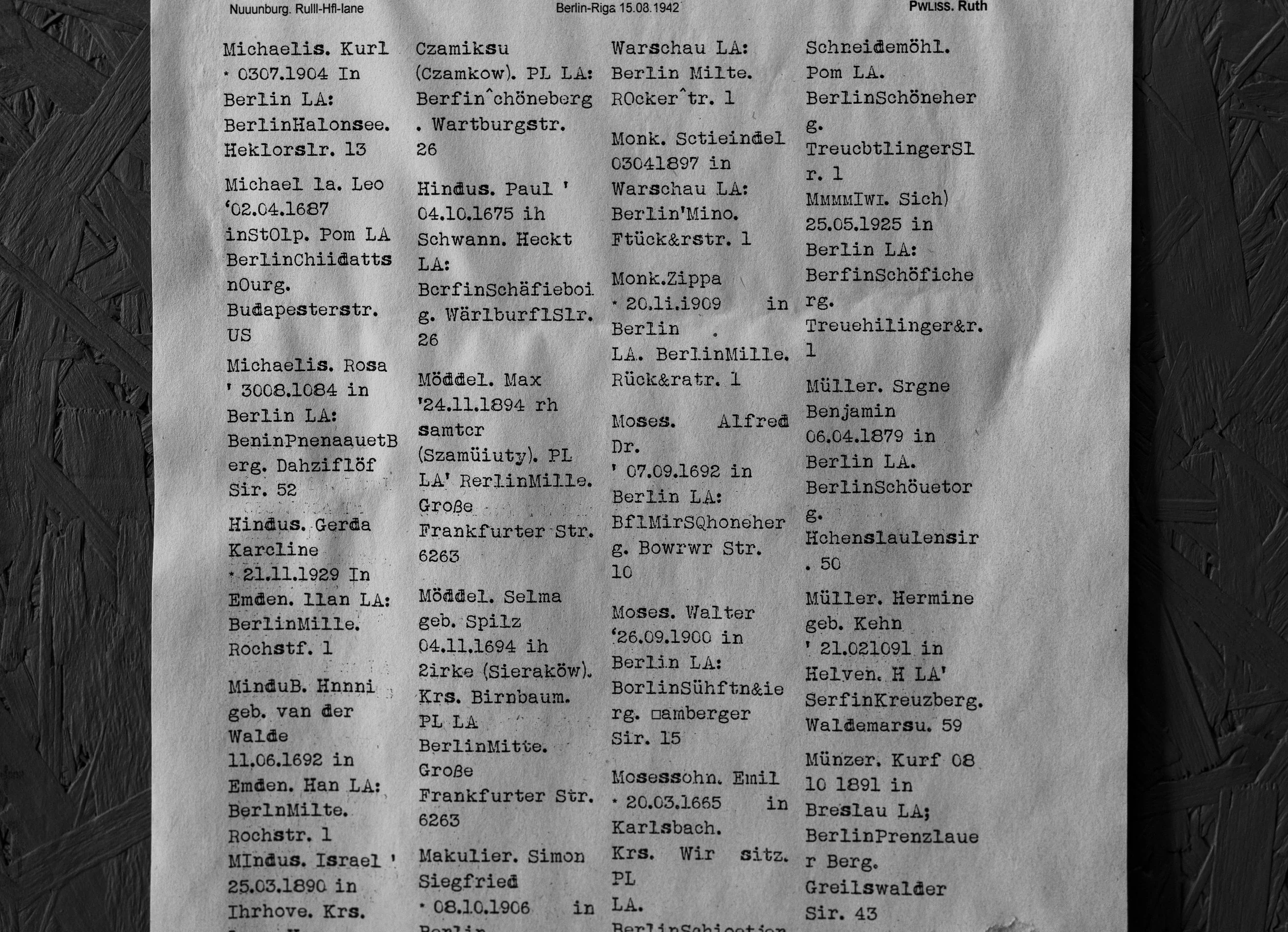 Riga Ghetto. A deportation list, each line a life erased by the Holocaust.