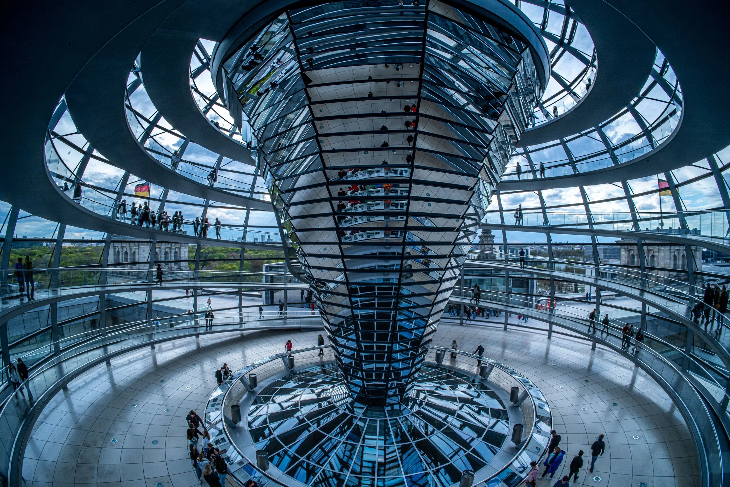 Berlin, Reichstag Dome — Glass spiral ascends above parliament, architecture reflecting democracy, transparency, and Germany’s renewed future.