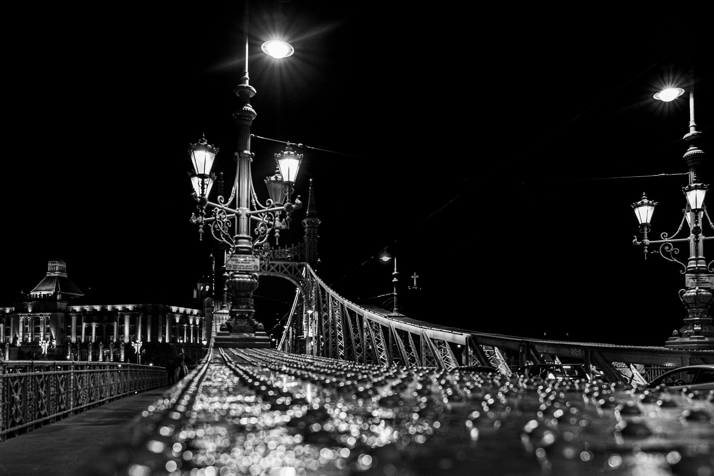Budapest: Raindrops glitter on the bridge, as lamplight turns the night into silver.