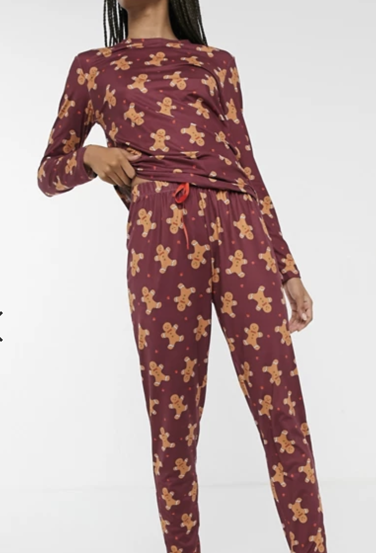 Loungeable printed ginger bread man long pajama set in black