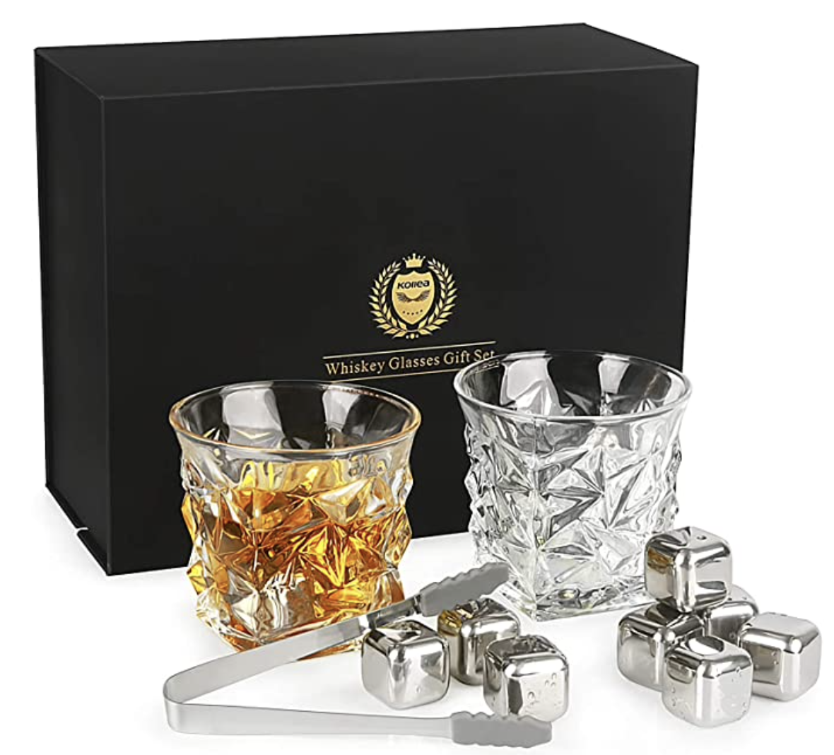 Whiskey Glasses Set of 2, Kollea Whiskey Stones Set with 2 Whiskey Glasses 11oz &amp; 8 Reusable Stainless Steel Ice Cubes