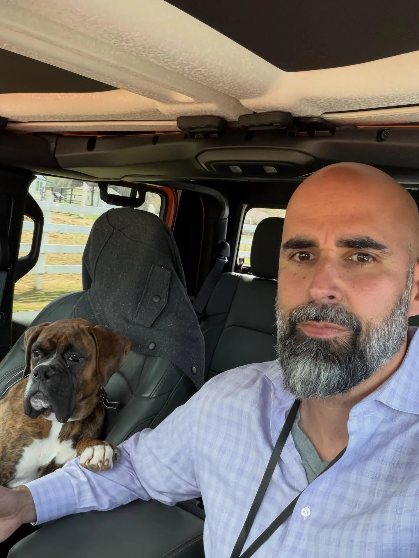 My travel buddy Scout.  This is how I drive to and from work with my new puppy.  He reaches out to &lsquo;hold my arm&rsquo; and then looks forward once we got on the road.  Boxers are great dogs - but this guy is another special one.