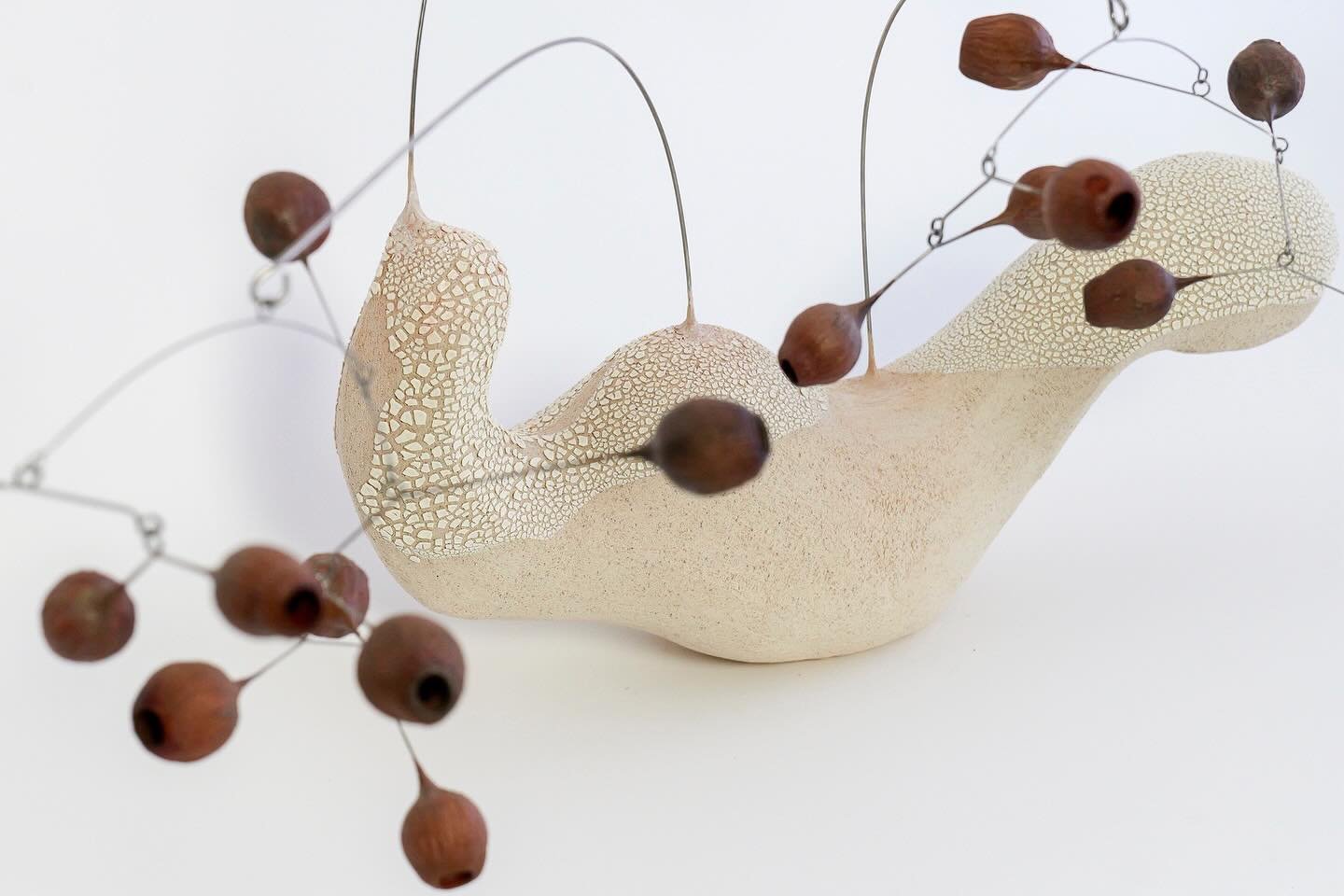 Places that you can&rsquo;t see coming through the melody, 2025, 23x44x34in &bull; Our Ceramic base by @lostquarry in collaboration with @karolina_maszkiewicz Eucalyptus seed pods sculpture. Karolina I&rsquo;m taking notes and in awe of your sculptur