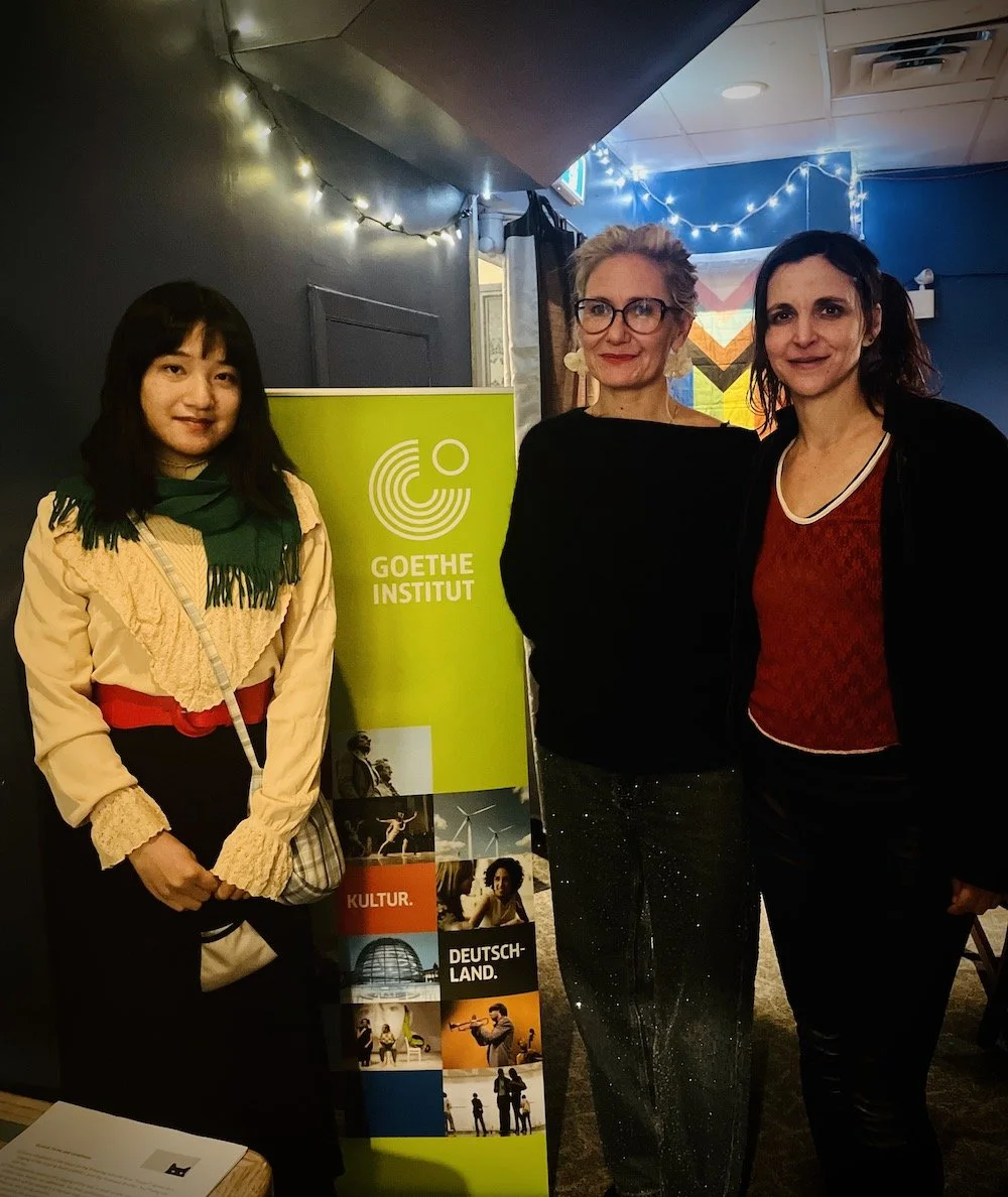Yizhou Zhang, Birgit Schreyer Duarte and Miranda Calderon at the launch of the Reading Series "ACHTUNG! Radical New Plays from Germany" at Toronto's Tranzac Club, Dec. 4, 2025