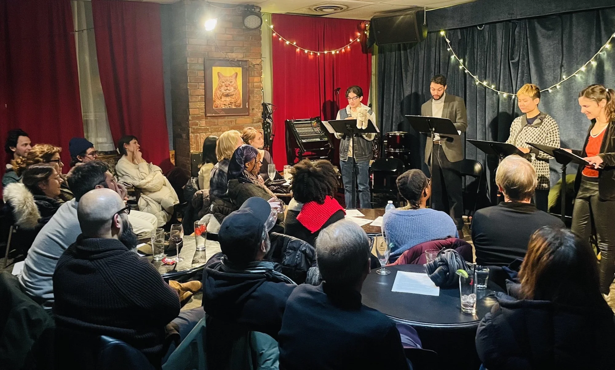 Rami Khan, Sébastien Heins, Rose Tuong and Miranda Calderon read I, YOUR BIG ANALOGUE BROTHER, HIS F*CKING CAT AND YOU by Felicia Zeller at the Tranzac Club