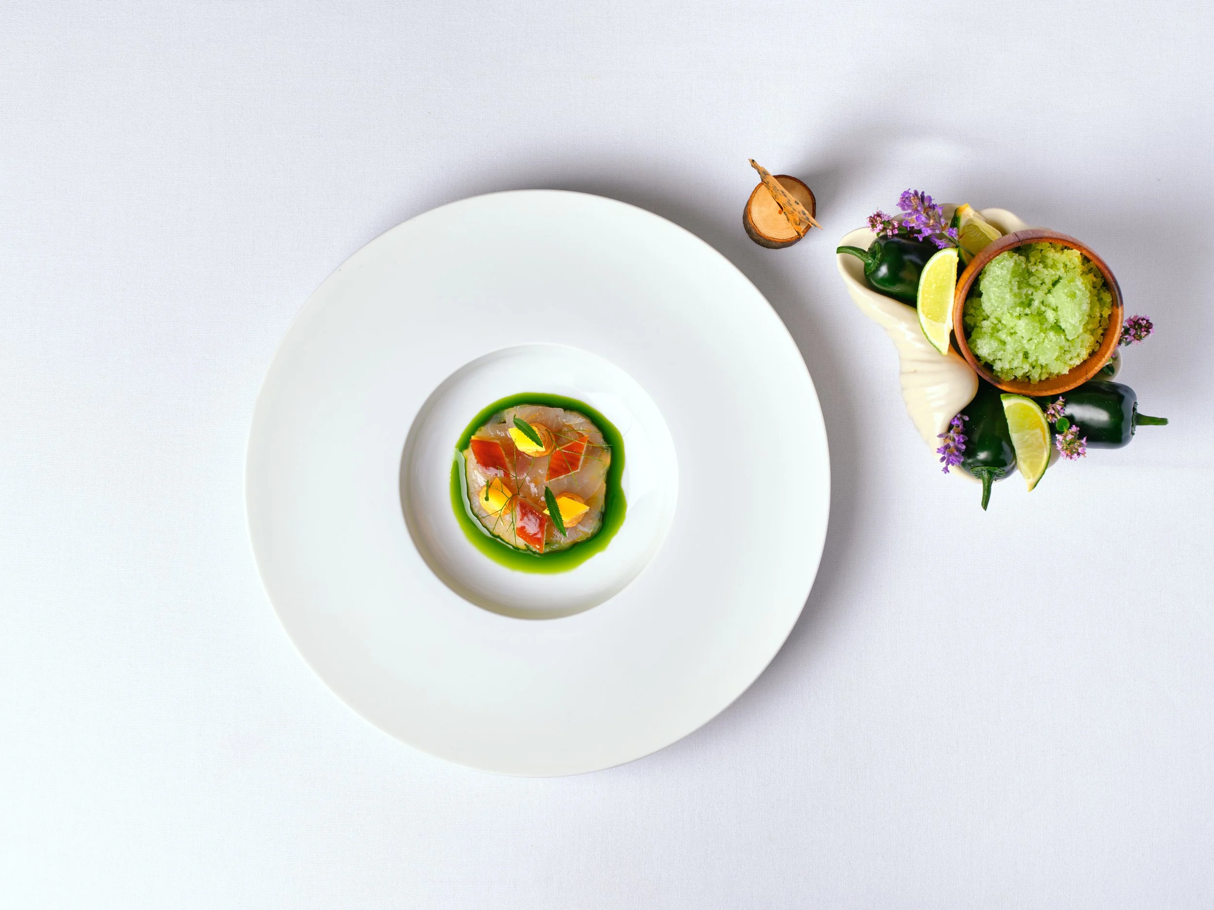 Cured Red Mullet
Smoked Eel, Jalapeño Granita, Basil