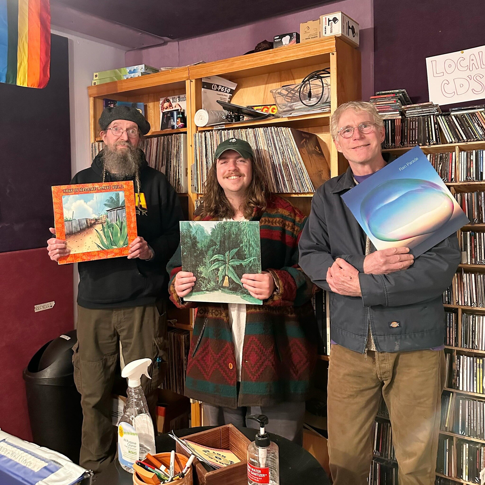 Our librarians @bobdoran , @dj8080_wax , and @harlan_raine pose with some of their favorite albums in our collection 💿✨ 

Did you know? Our studio is equipped with two CD players, two turntables, and even a cassette player all which can be broadcast