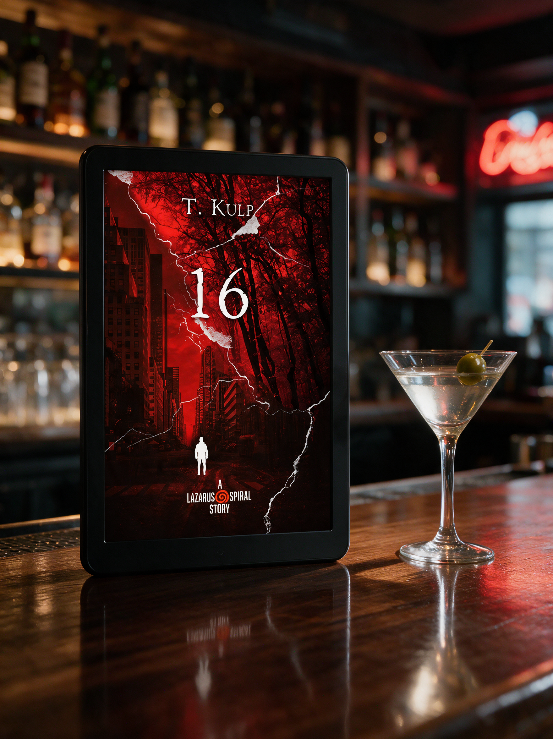 Display of 16 ebook on bar with martini glass