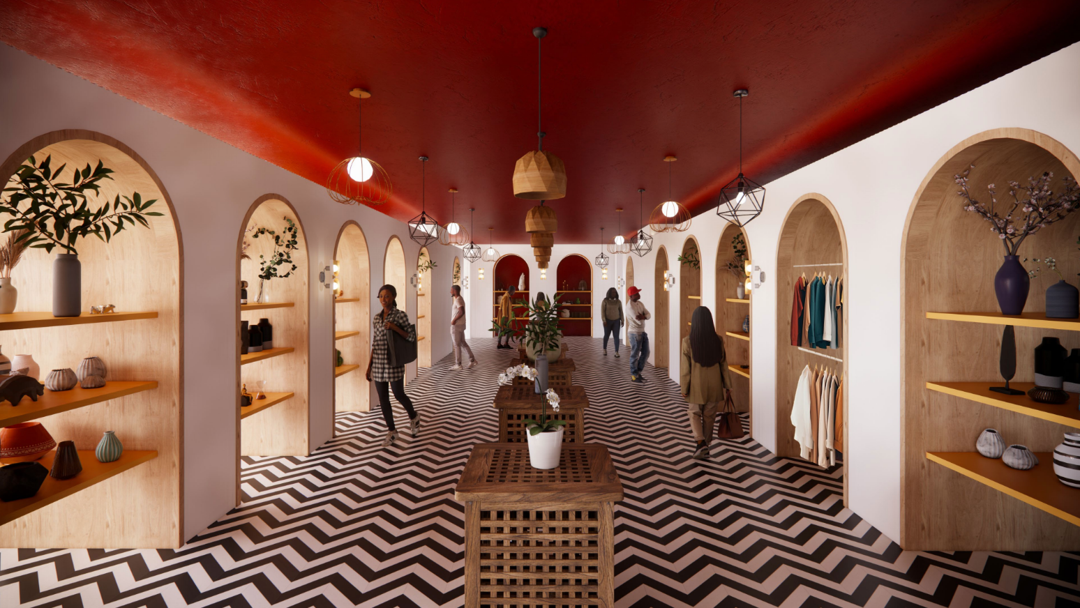 Interior of a boutique store with arched wooden shelves, decorative vases, and clothing displays, zigzag black and white flooring, and multiple hanging light fixtures.