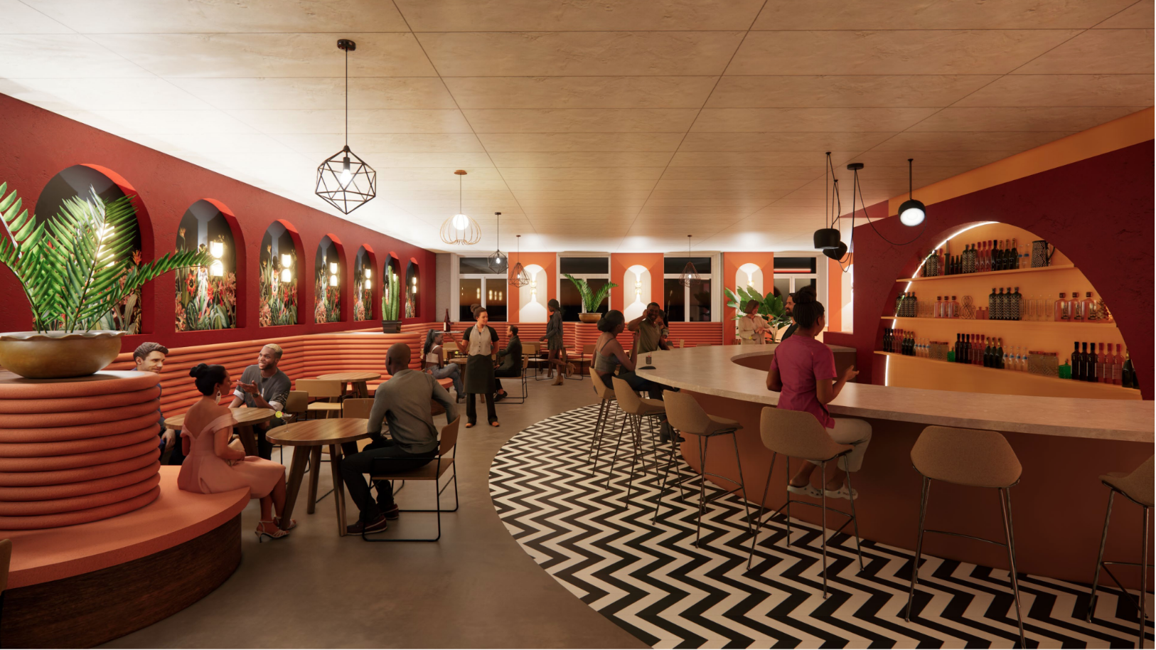 A modern, stylish restaurant or bar with warm lighting, colorful walls, and a lively atmosphere. People are sitting at tables, chatting, and ordering drinks, with a curved bar on the right side and decorative plants throughout the space.