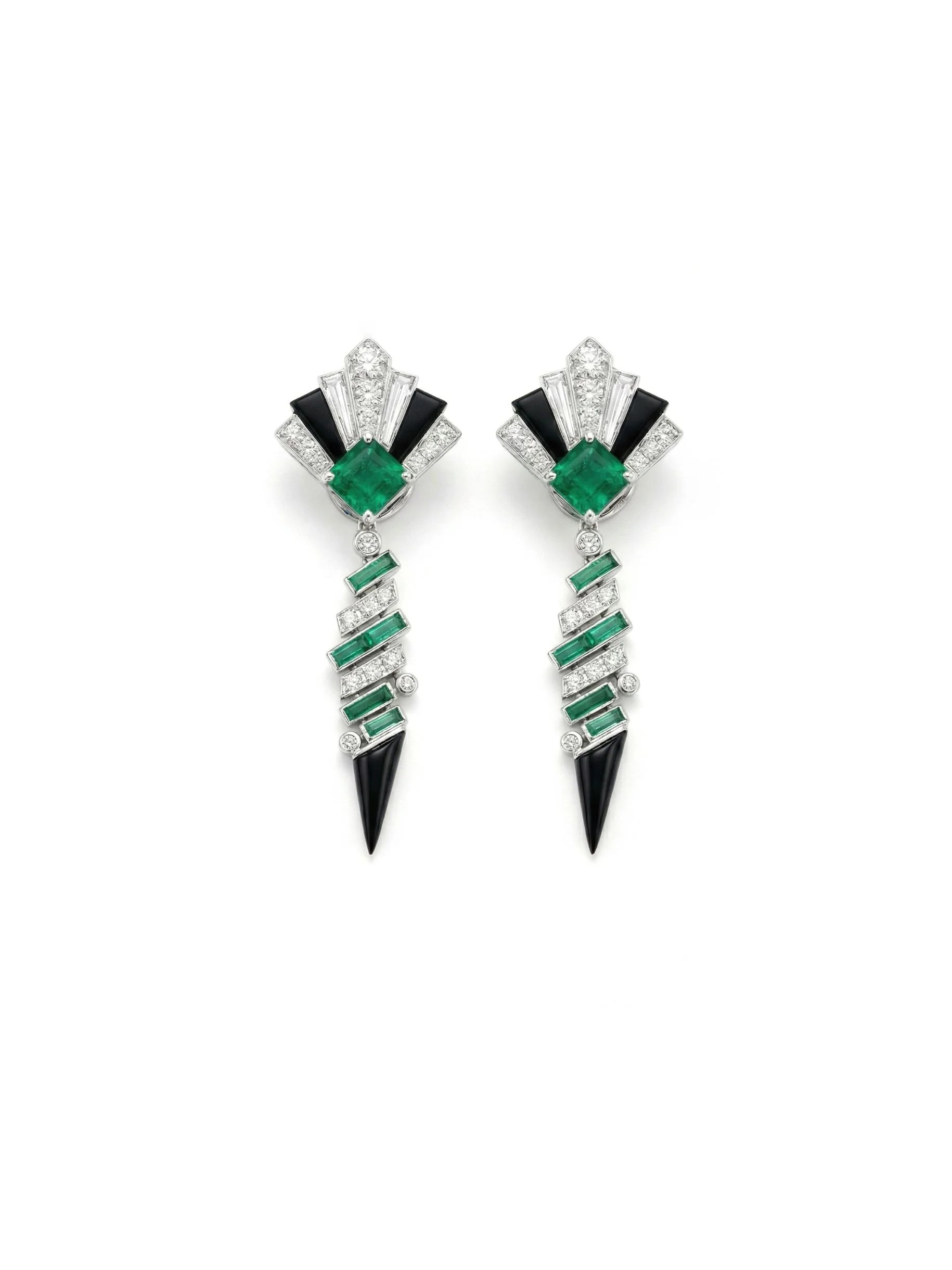 Pair of elegant earrings with black, green, and clear gemstones arranged in geometric patterns, hanging from a silver setting.