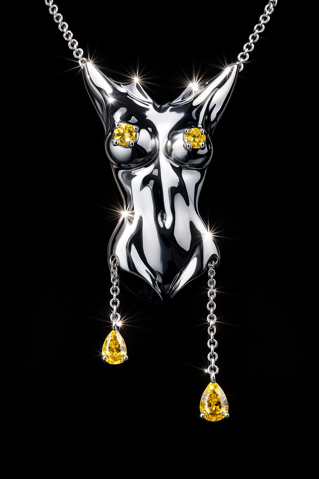 A silver necklace with a pendant shaped like a female torso, adorned with yellow gemstones for the nipples and dangling yellow gemstone earrings against a black background.