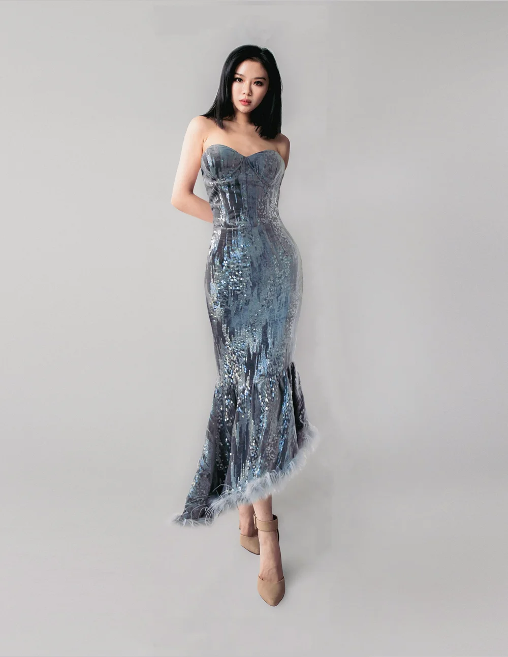 MERMAID FEATHER SEQUIN BUSTIER DRESS JOYA MA MERMAID FEATHER SEQUIN BUSTIER DRESS JOYA MA