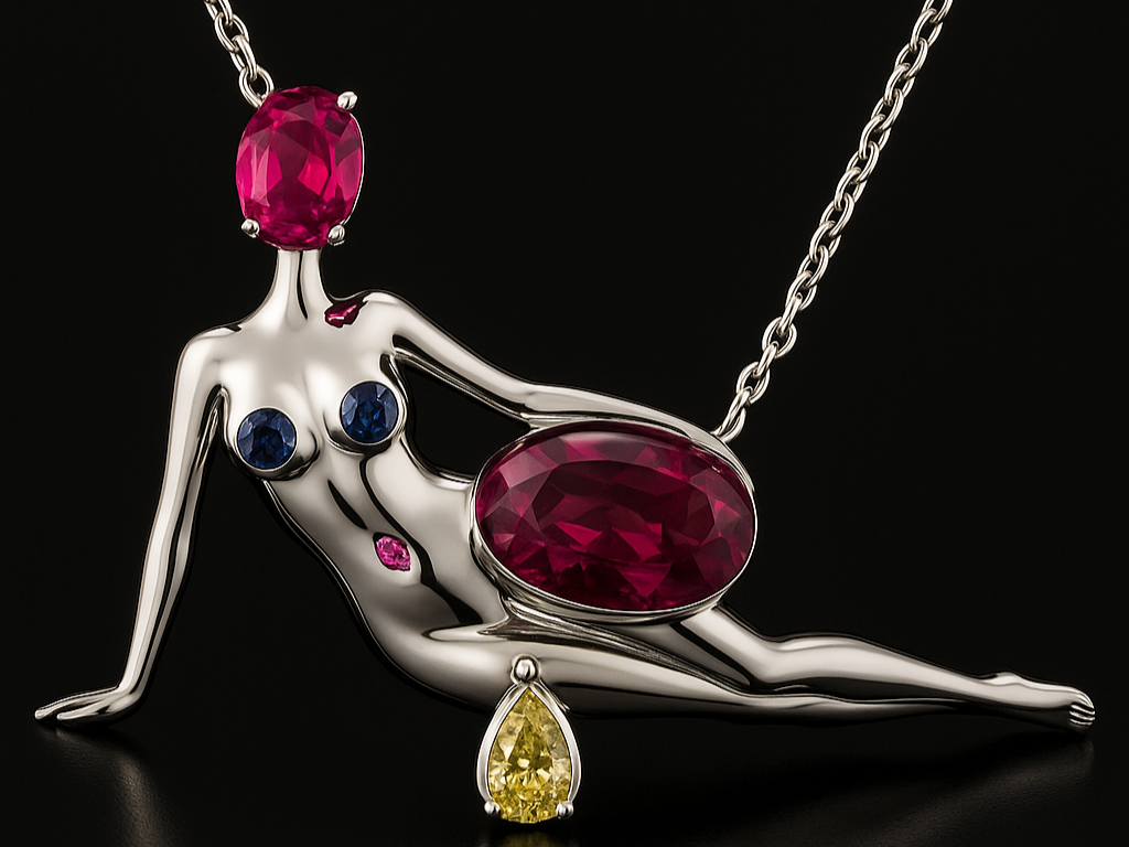 Jewelry necklace with a silver human figure design decorated with various colored gemstones
