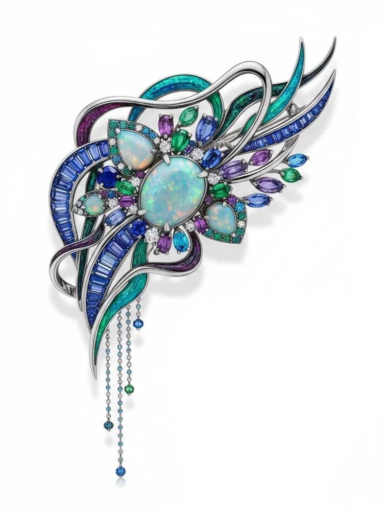 Colorful brooch featuring opals, emeralds, sapphires, and diamonds in a floral and feather design with dangling chains.