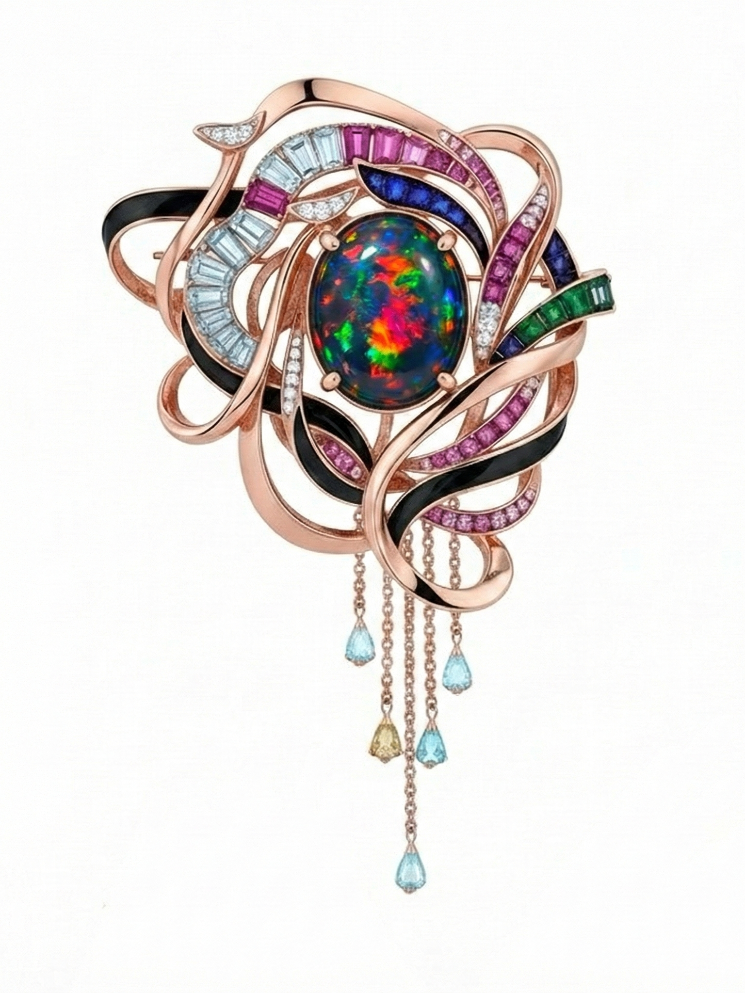 A colorful, intricate brooch with a central opal gemstone surrounded by various gemstones and metal loops, with dangling chains and gemstones.