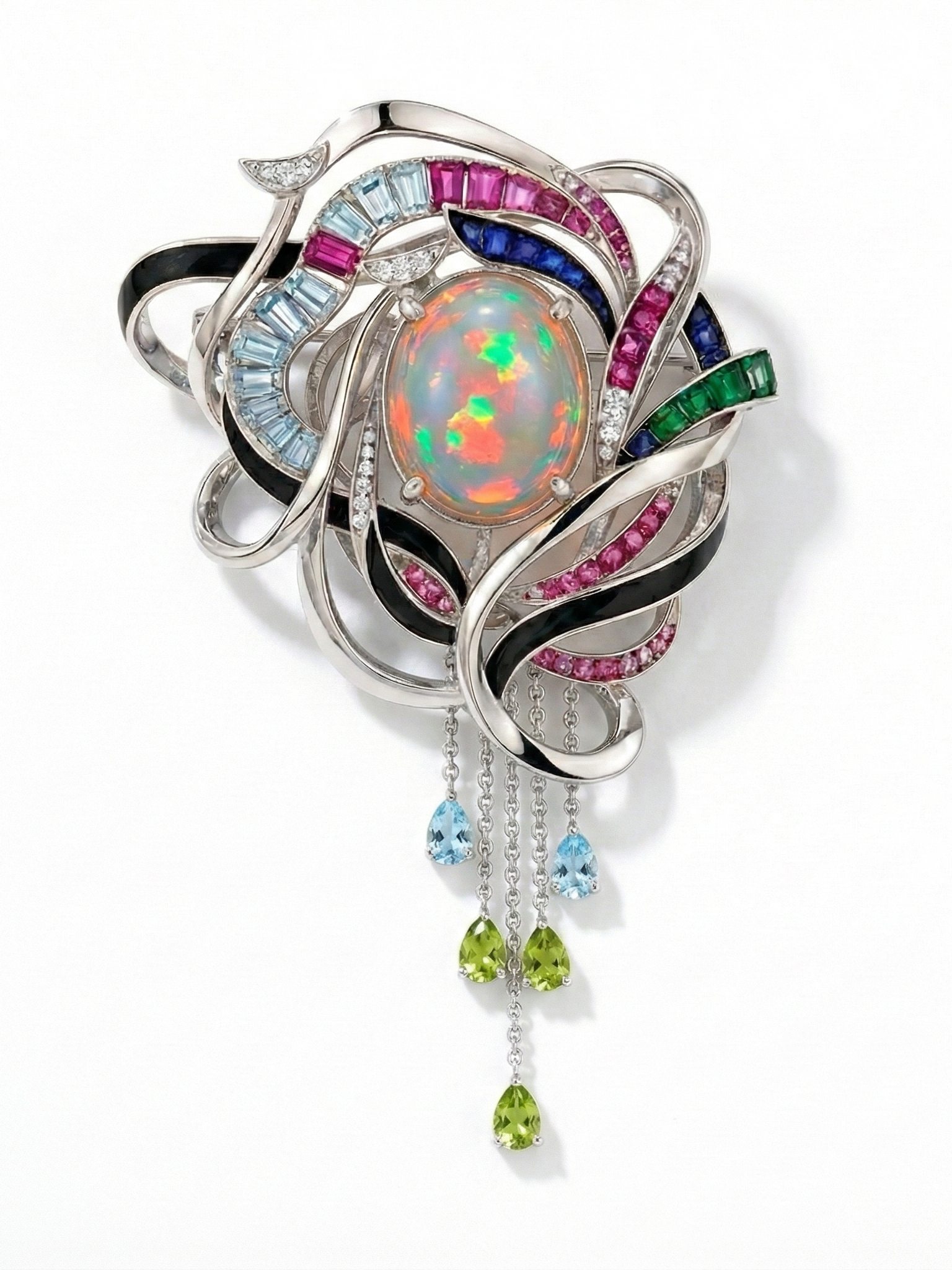 Colorful brooch with an opal center surrounded by multicolored gemstones, including pink, blue, green, and black, with dangling blue, green, and clear teardrop-shaped gems.