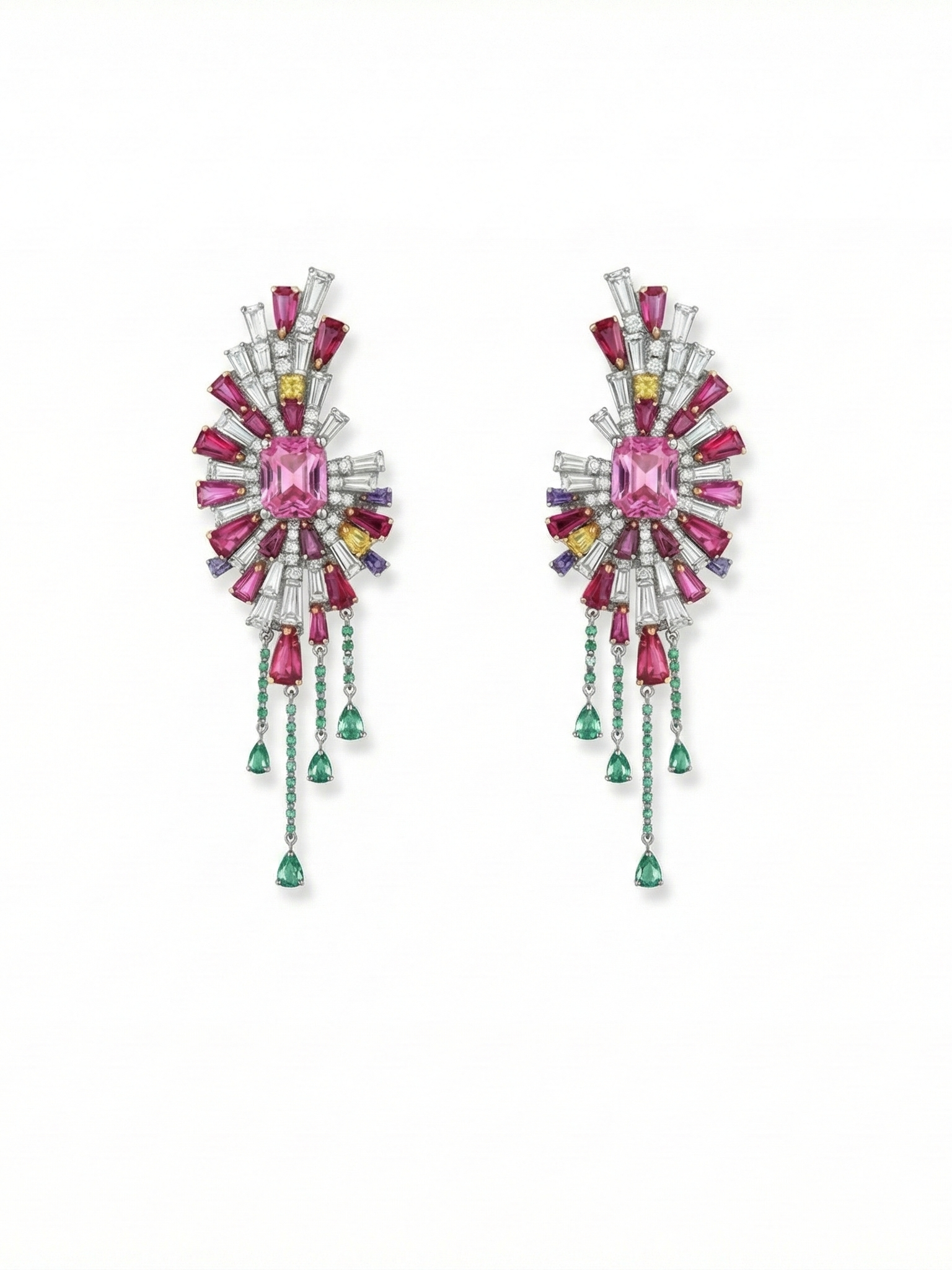 Pair of colorful gemstone earrings with pink, purple, yellow, green, and clear stones arranged in a floral pattern.