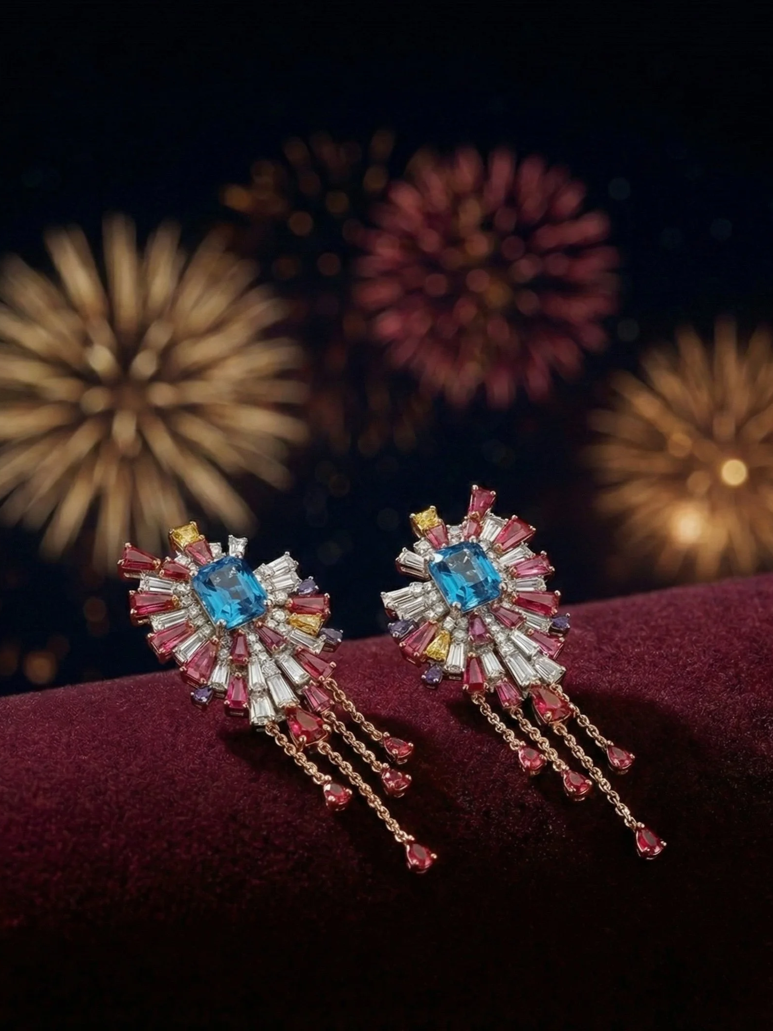 Colorful gemstone earrings with fireworks in the background.