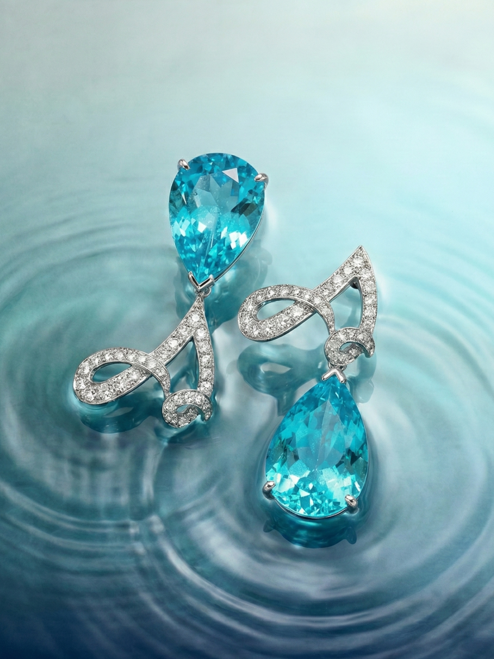 Silver jewelry set with blue gemstones and diamond accents, featuring a large teardrop-shaped blue gemstone pendant and matching earrings, on a reflective water surface.