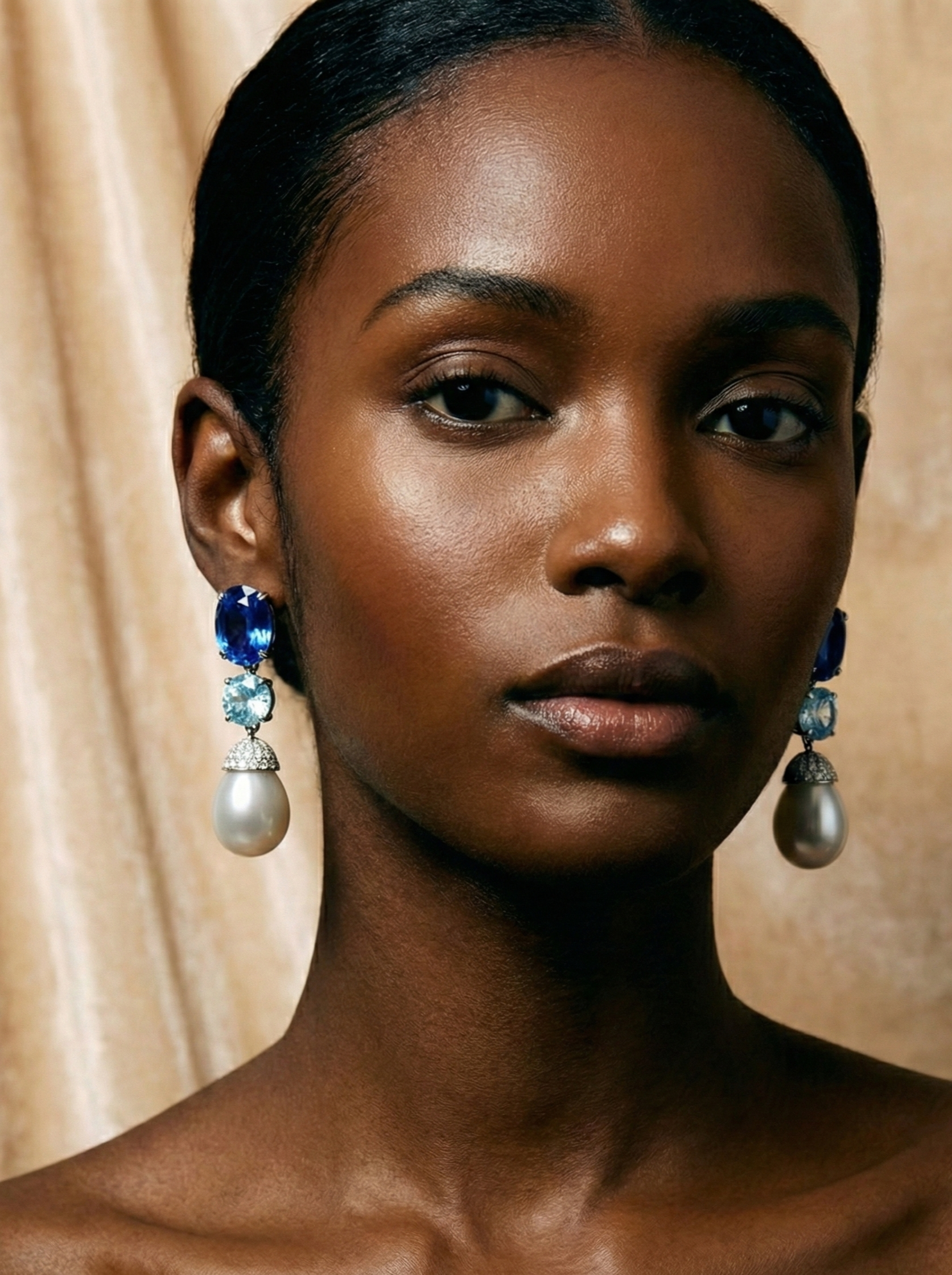 Close-up of a woman with dark skin wearing pearl and blue gemstone drop earrings, with a neutral background.