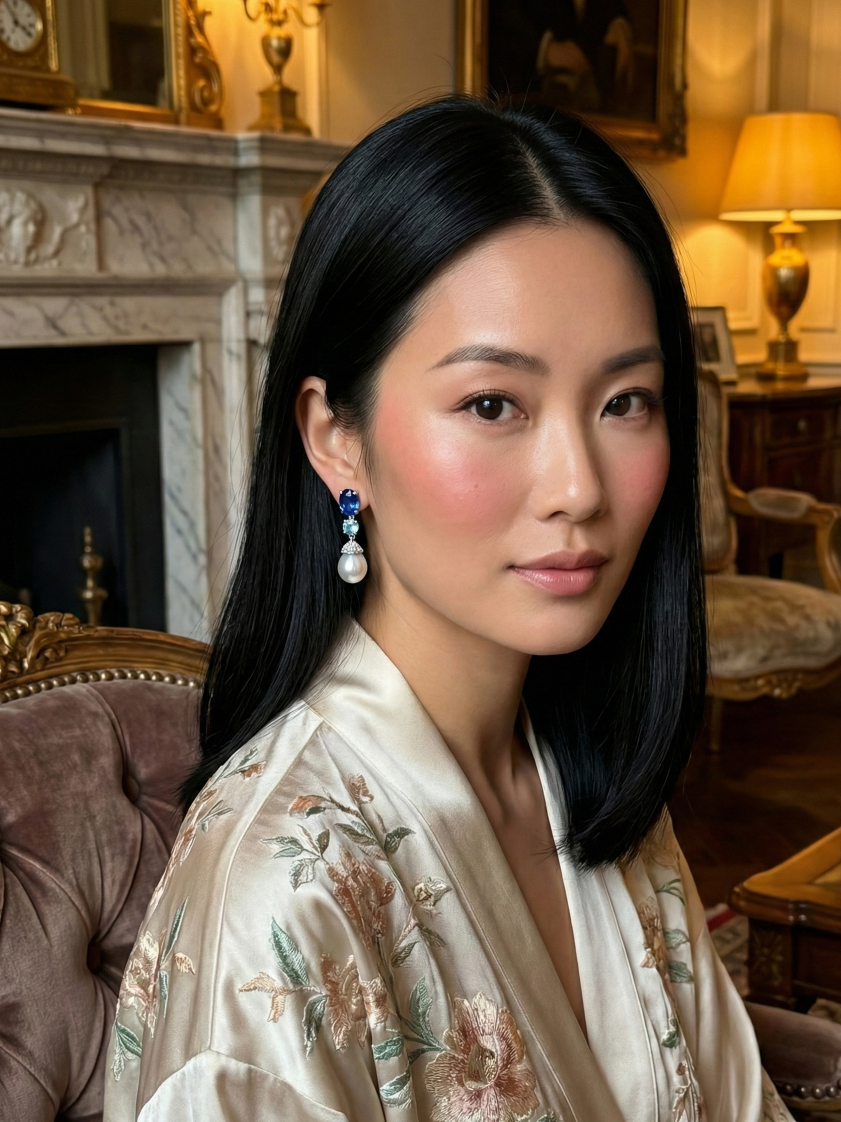 A woman with straight black hair and makeup sitting on a vintage armchair in an elegant living room with a white marble fireplace, framed artwork, and warm lighting.