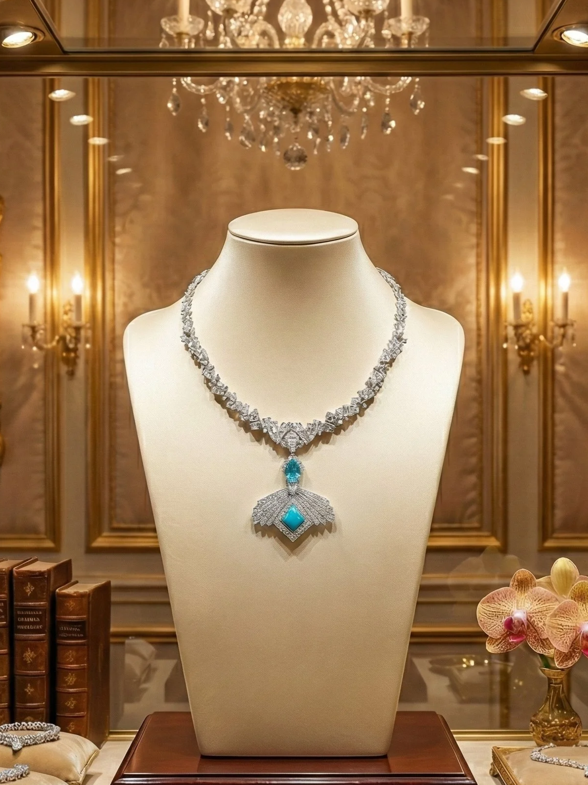 Elegant diamond necklace with a large turquoise gemstone pendant displayed on a cream-colored bust. The background features ornate gold decorations and a chandelier, suggesting a jewelry store or exhibition.